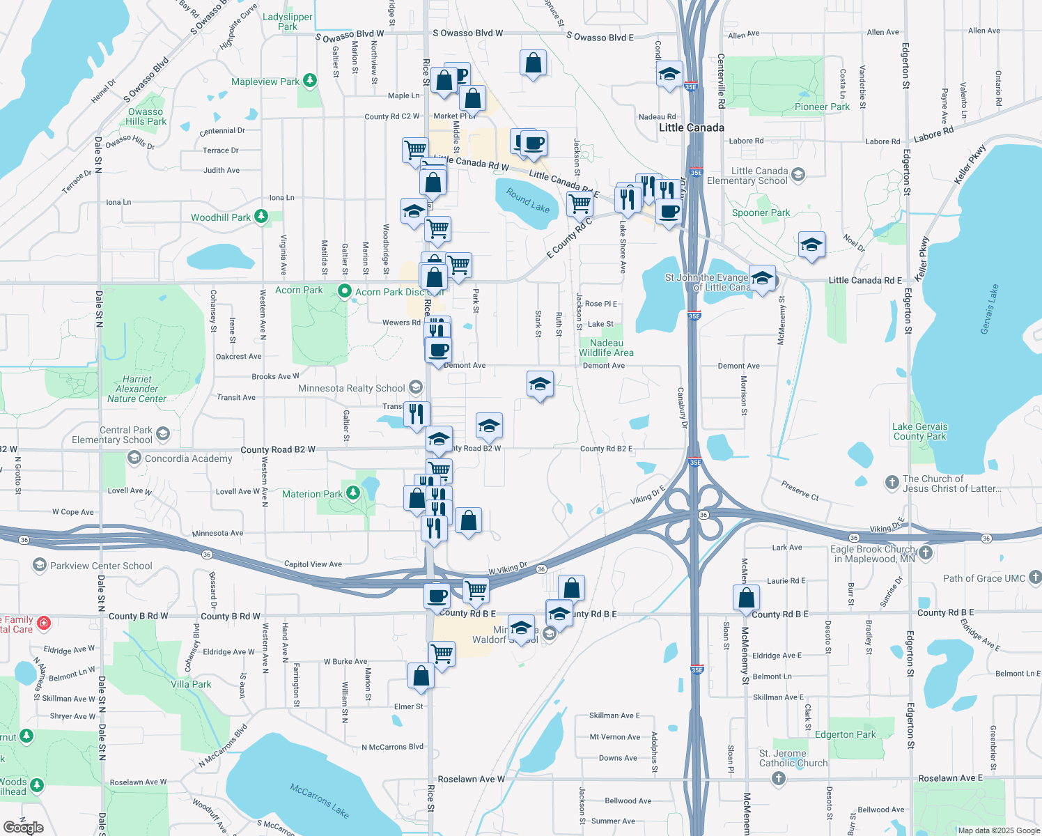 map of restaurants, bars, coffee shops, grocery stores, and more near 15 County Road B2 East in Little Canada