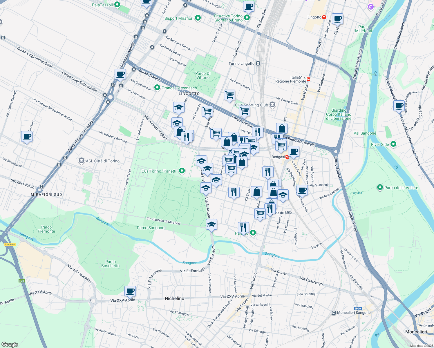 map of restaurants, bars, coffee shops, grocery stores, and more near in Torino