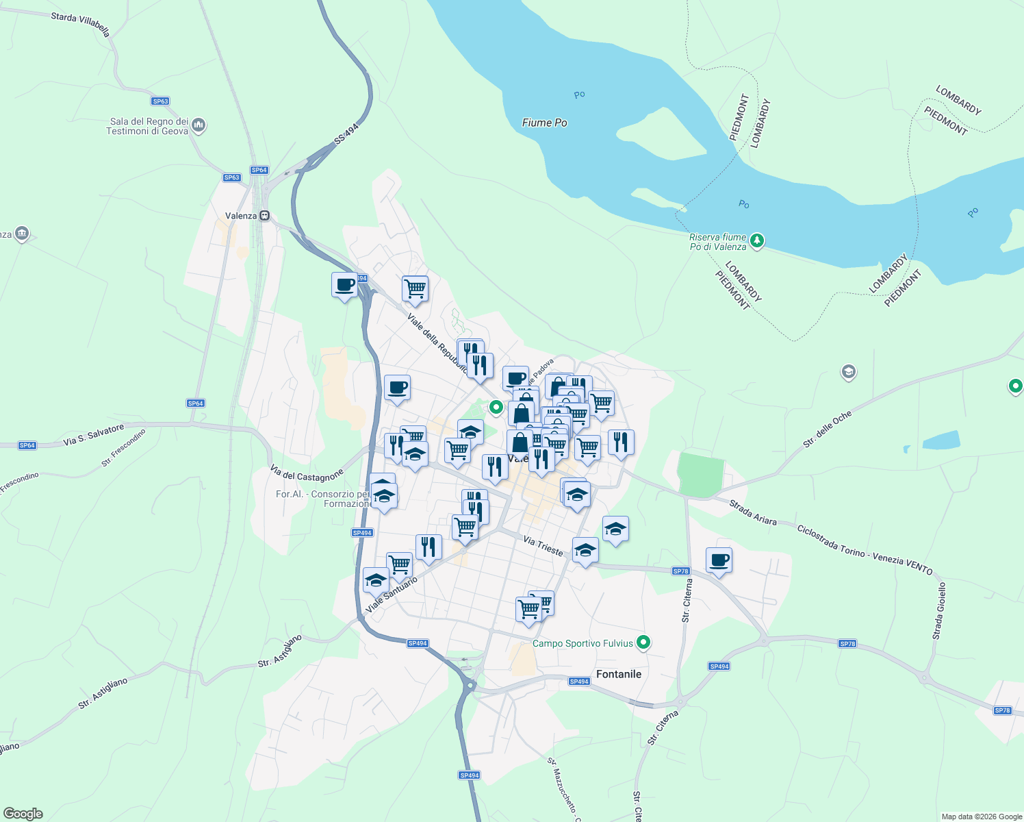 map of restaurants, bars, coffee shops, grocery stores, and more near 2 Viale della Repubblica in Valenza