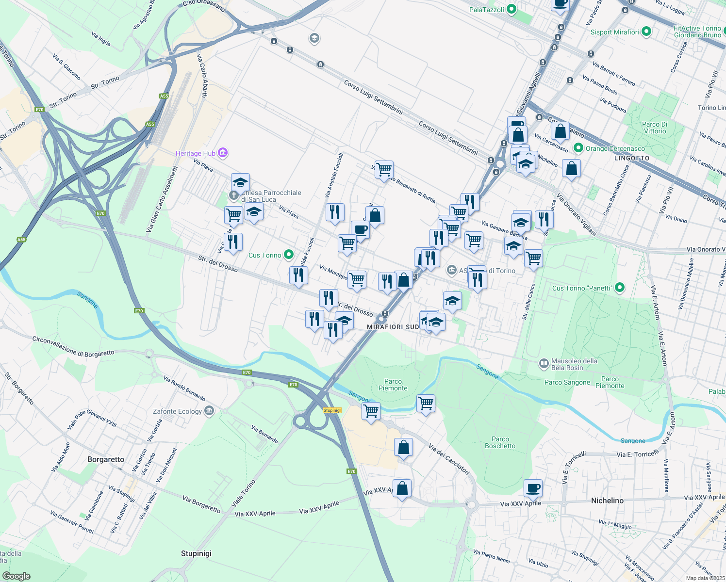map of restaurants, bars, coffee shops, grocery stores, and more near 3 Via Francesca Saverio Cabrini in Torino