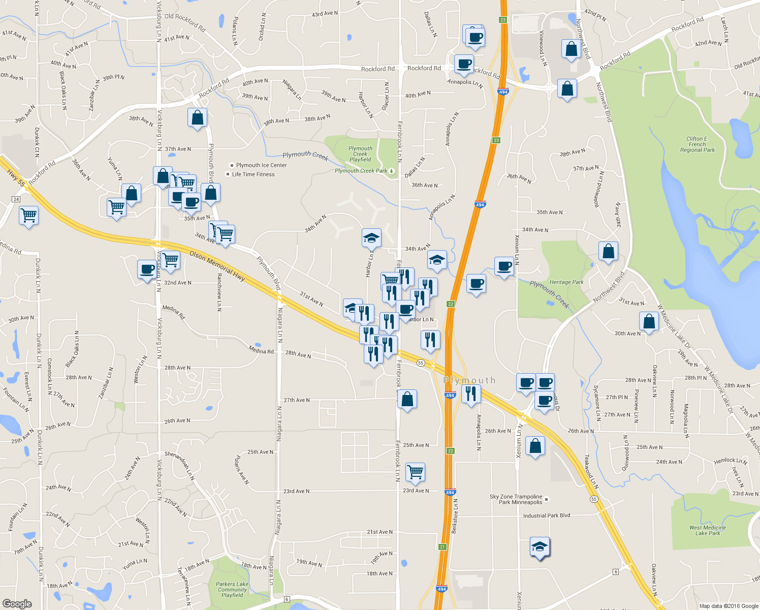 map of restaurants, bars, coffee shops, grocery stores, and more near 3030 Harbor Lane North in Plymouth