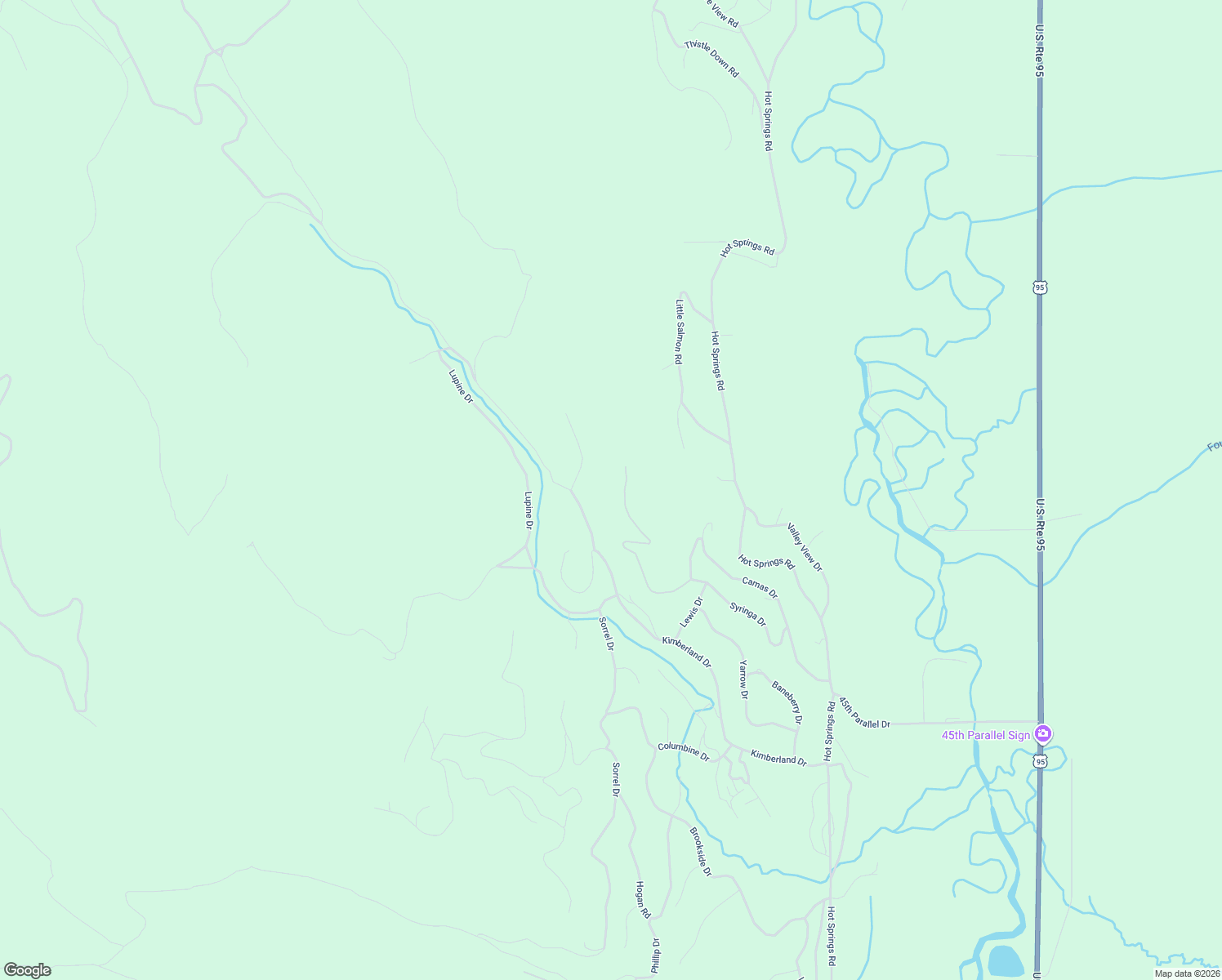 map of restaurants, bars, coffee shops, grocery stores, and more near 2950-2952 Syringa Drive in New Meadows