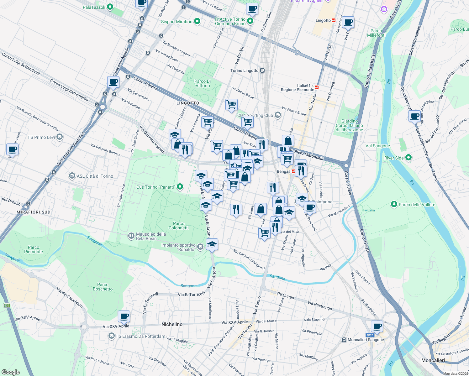map of restaurants, bars, coffee shops, grocery stores, and more near 51-55 Via Candiolo in Turin