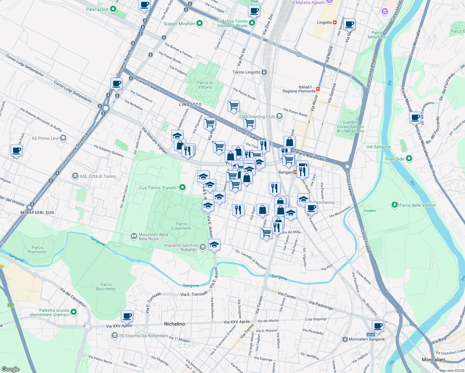 map of restaurants, bars, coffee shops, grocery stores, and more near 55 Via Candiolo in Torino