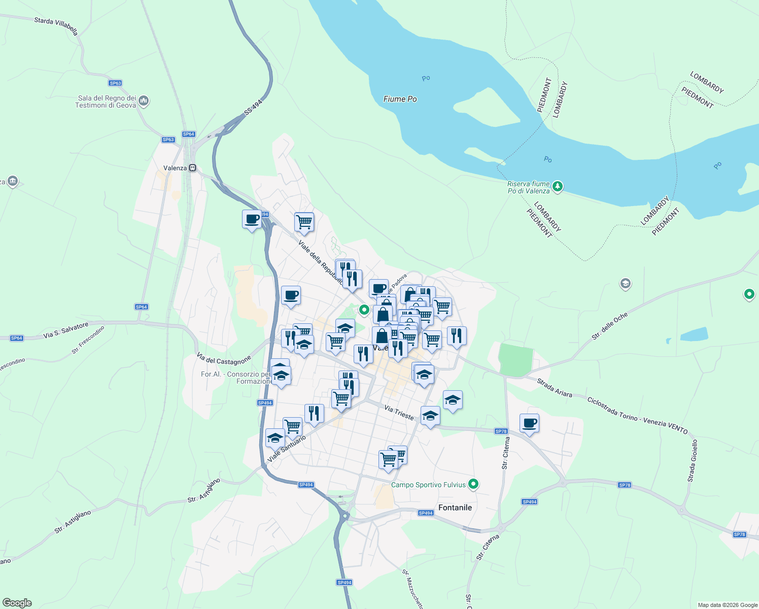 map of restaurants, bars, coffee shops, grocery stores, and more near 2 Viale della Repubblica in Valenza