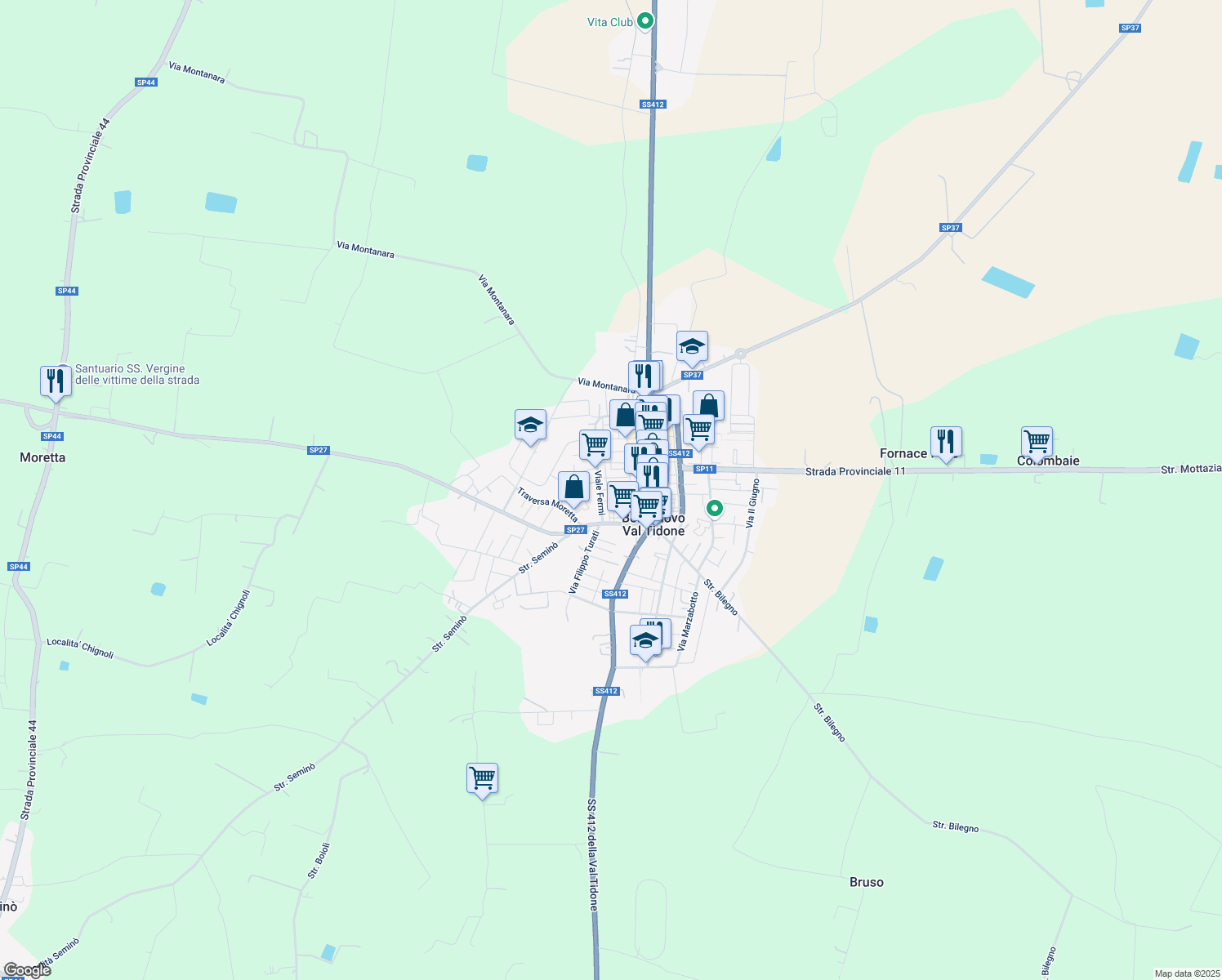 map of restaurants, bars, coffee shops, grocery stores, and more near 55 Viale Fermi in Borgonovo Val Tidone