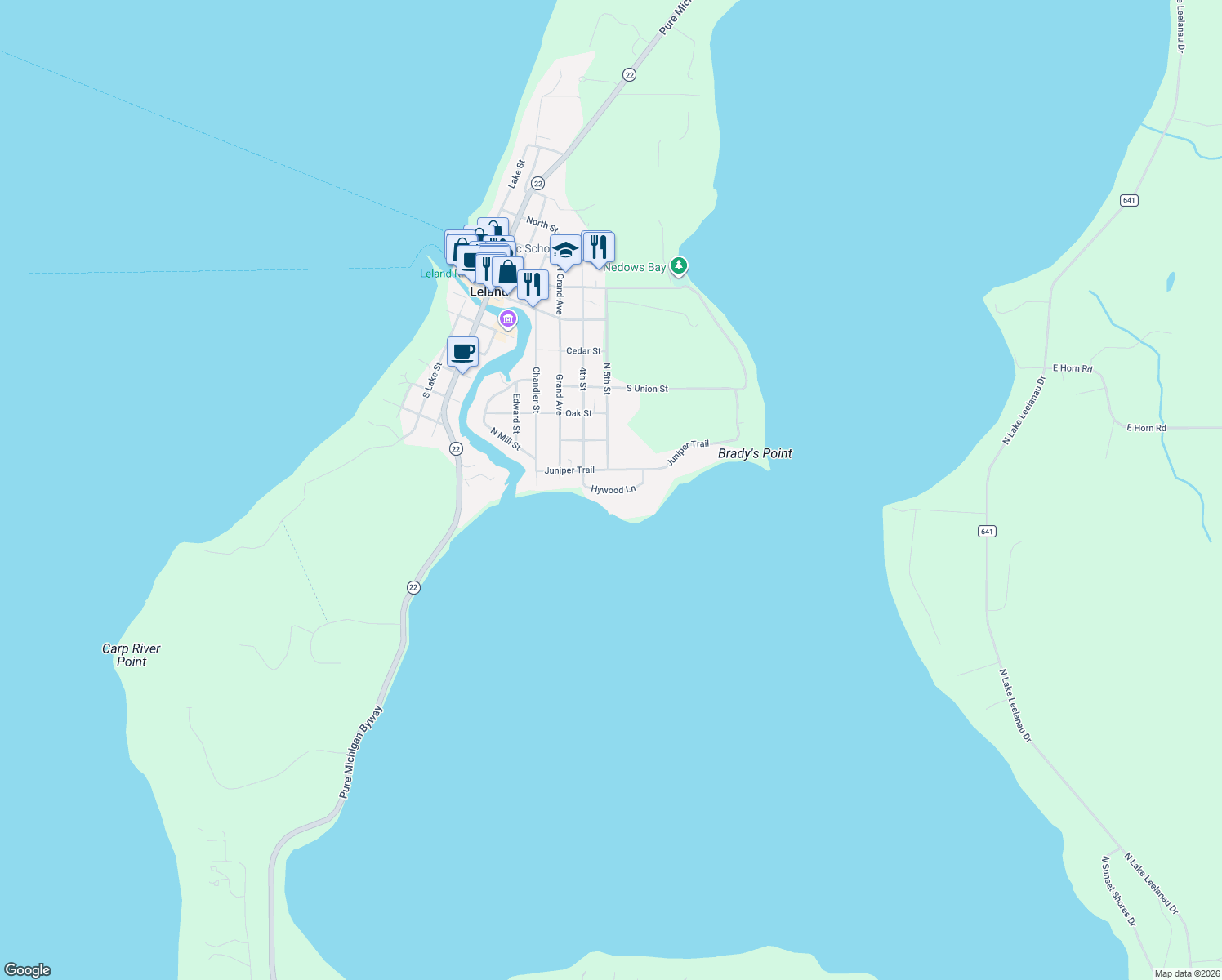 map of restaurants, bars, coffee shops, grocery stores, and more near Hywood Lane in Leland