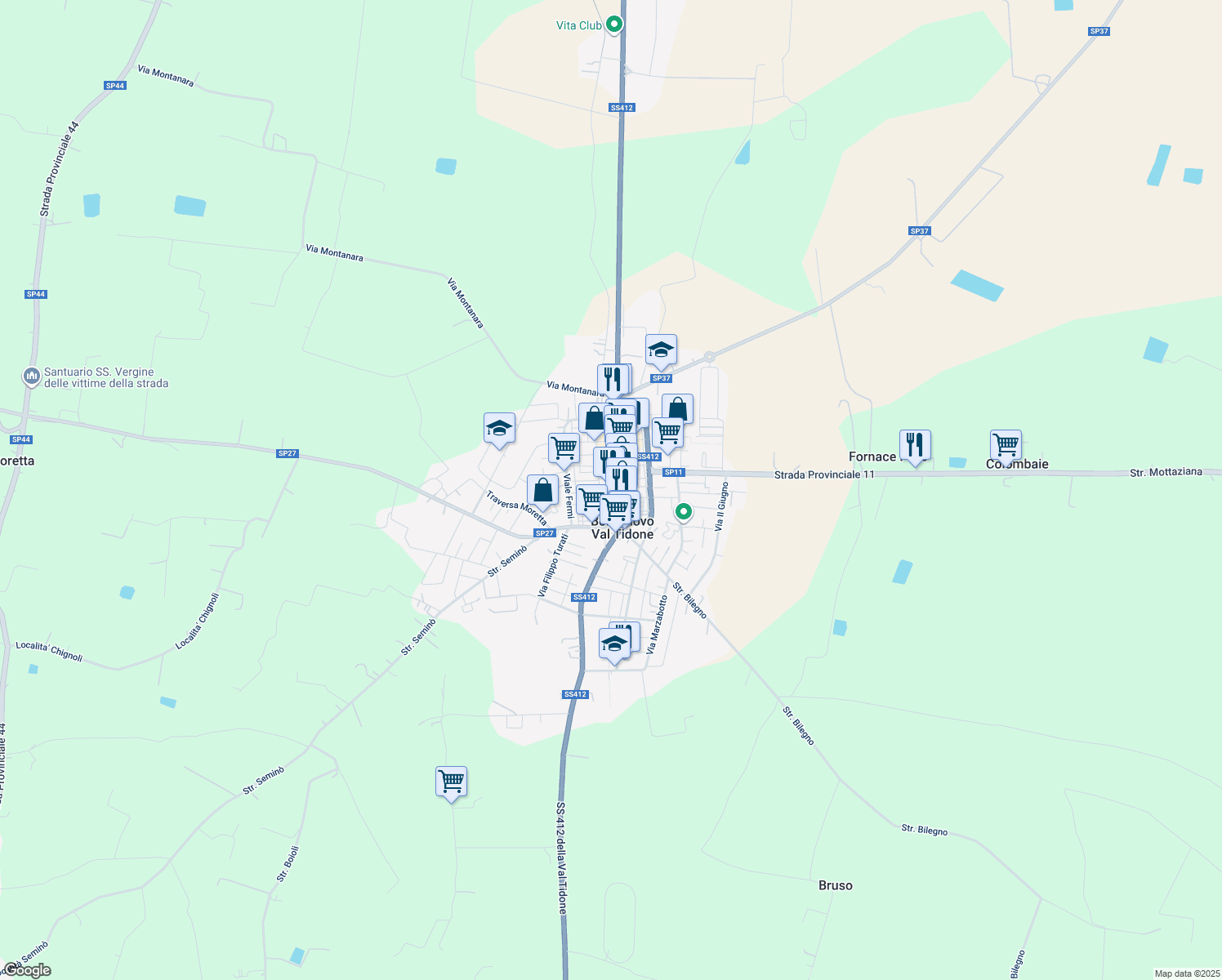 map of restaurants, bars, coffee shops, grocery stores, and more near 99 Via Roma in Borgonovo Val Tidone