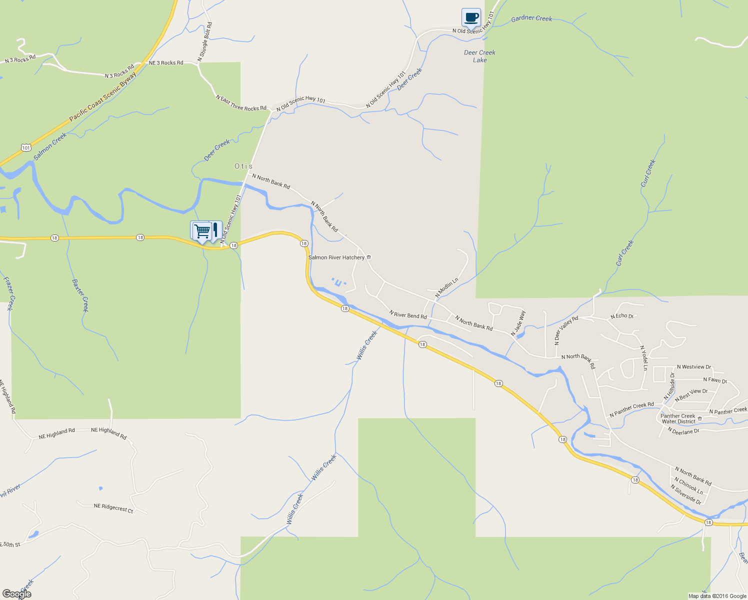 map of restaurants, bars, coffee shops, grocery stores, and more near 754 North River Bend Road in Otis