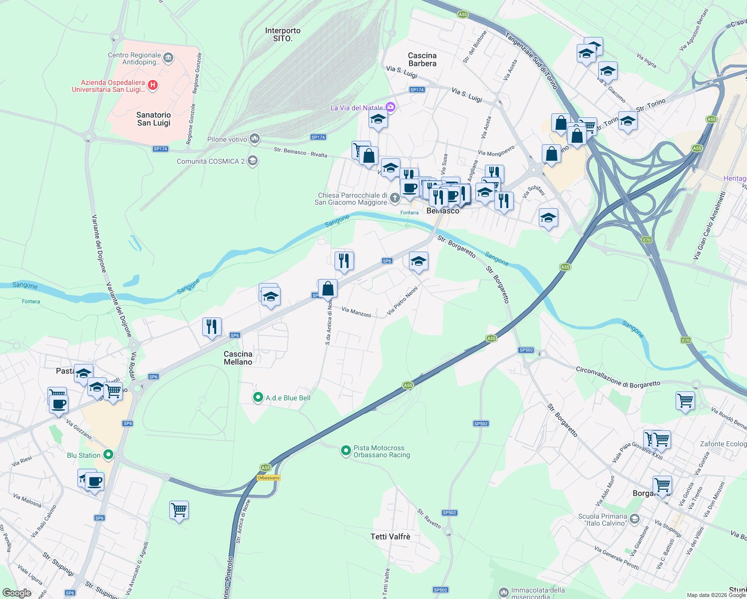 map of restaurants, bars, coffee shops, grocery stores, and more near 6 Via Amendola in Beinasco