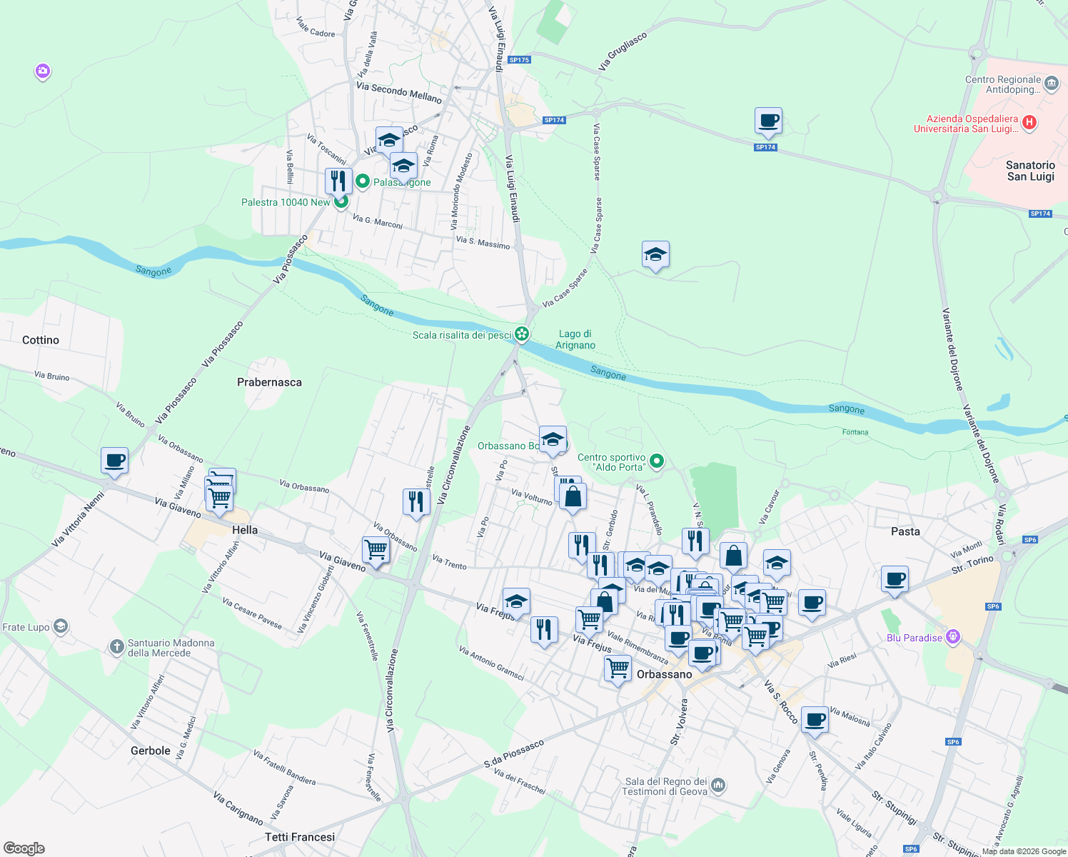 map of restaurants, bars, coffee shops, grocery stores, and more near 81c Strada Rivalta in Orbassano