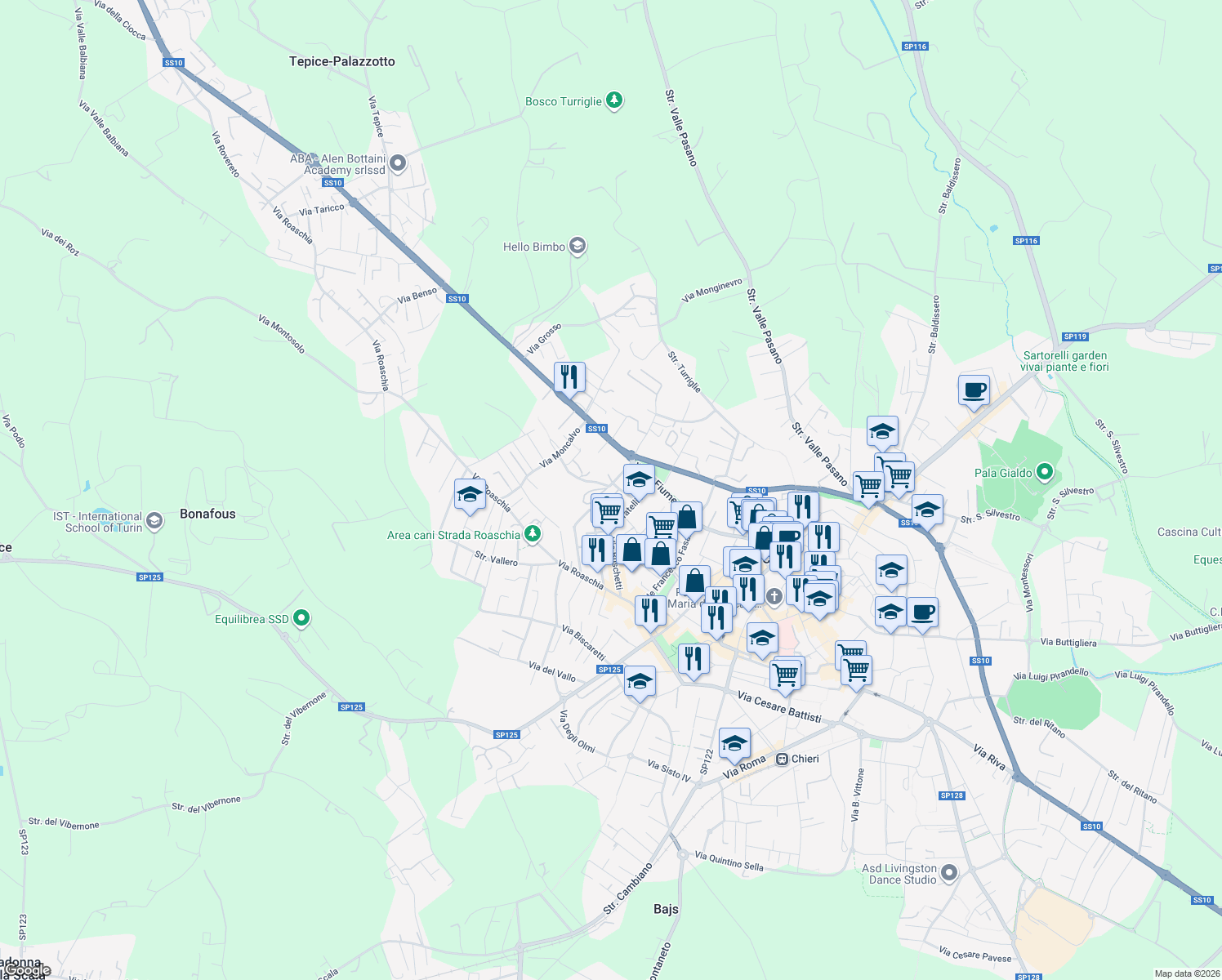 map of restaurants, bars, coffee shops, grocery stores, and more near 4 Via Don Lorenzo Perosi in Chieri