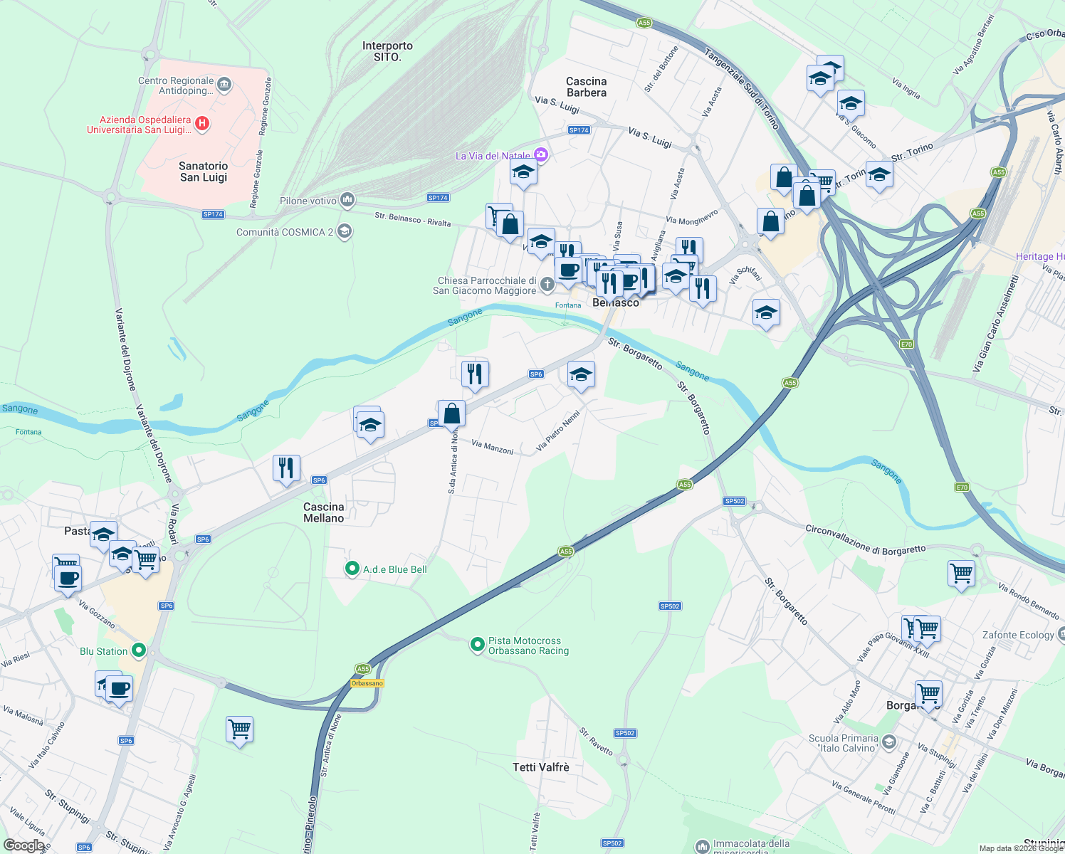 map of restaurants, bars, coffee shops, grocery stores, and more near 6 Via Amendola in Beinasco