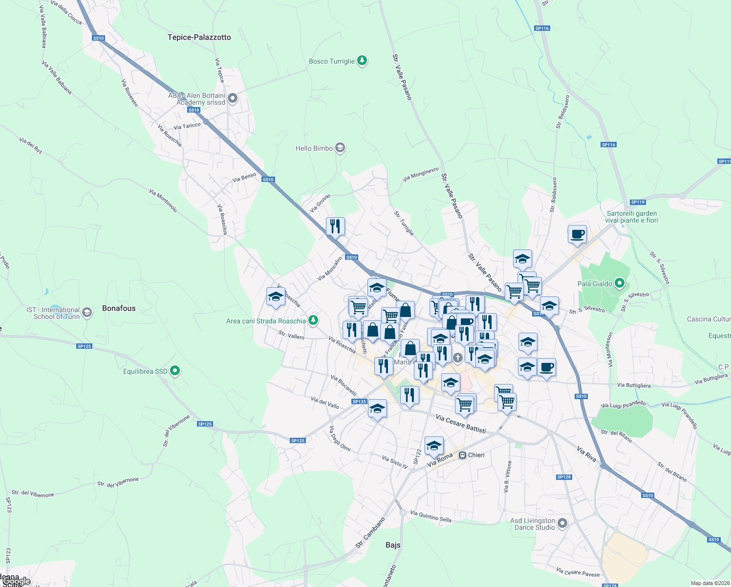 map of restaurants, bars, coffee shops, grocery stores, and more near 4 Via Don Lorenzo Perosi in Chieri