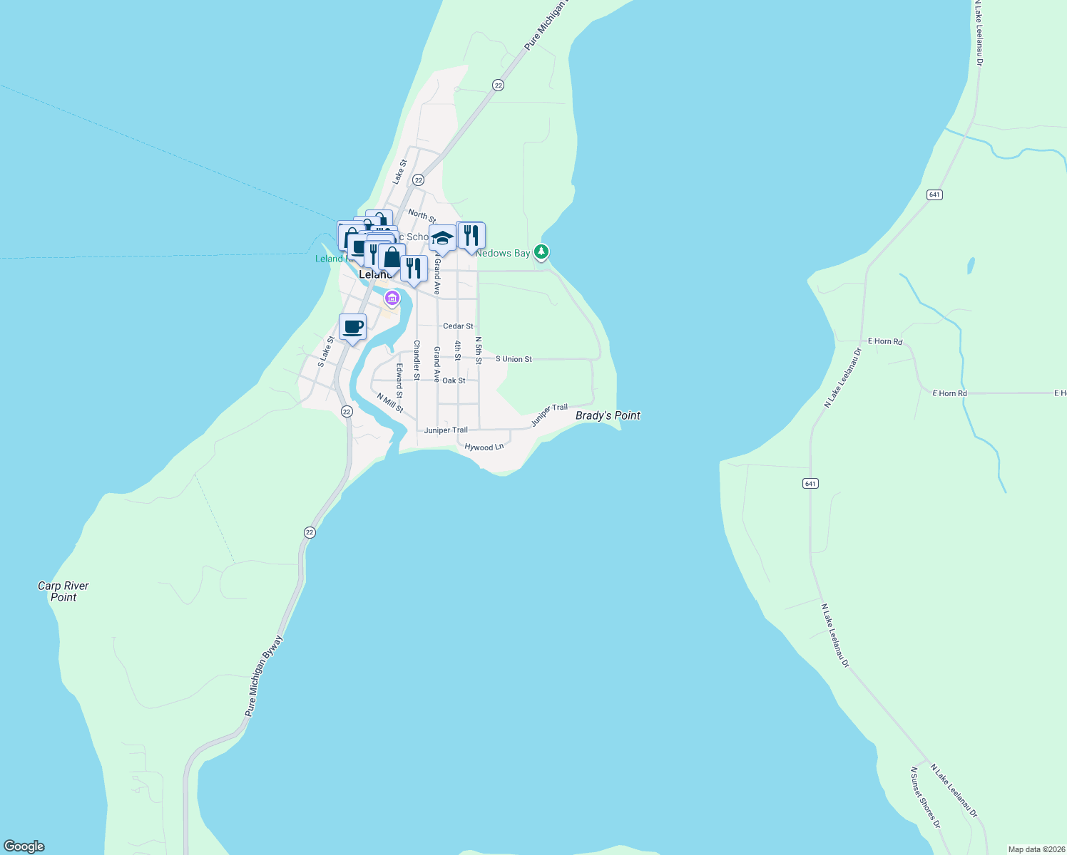 map of restaurants, bars, coffee shops, grocery stores, and more near 454 Juniper Trail in Leelanau