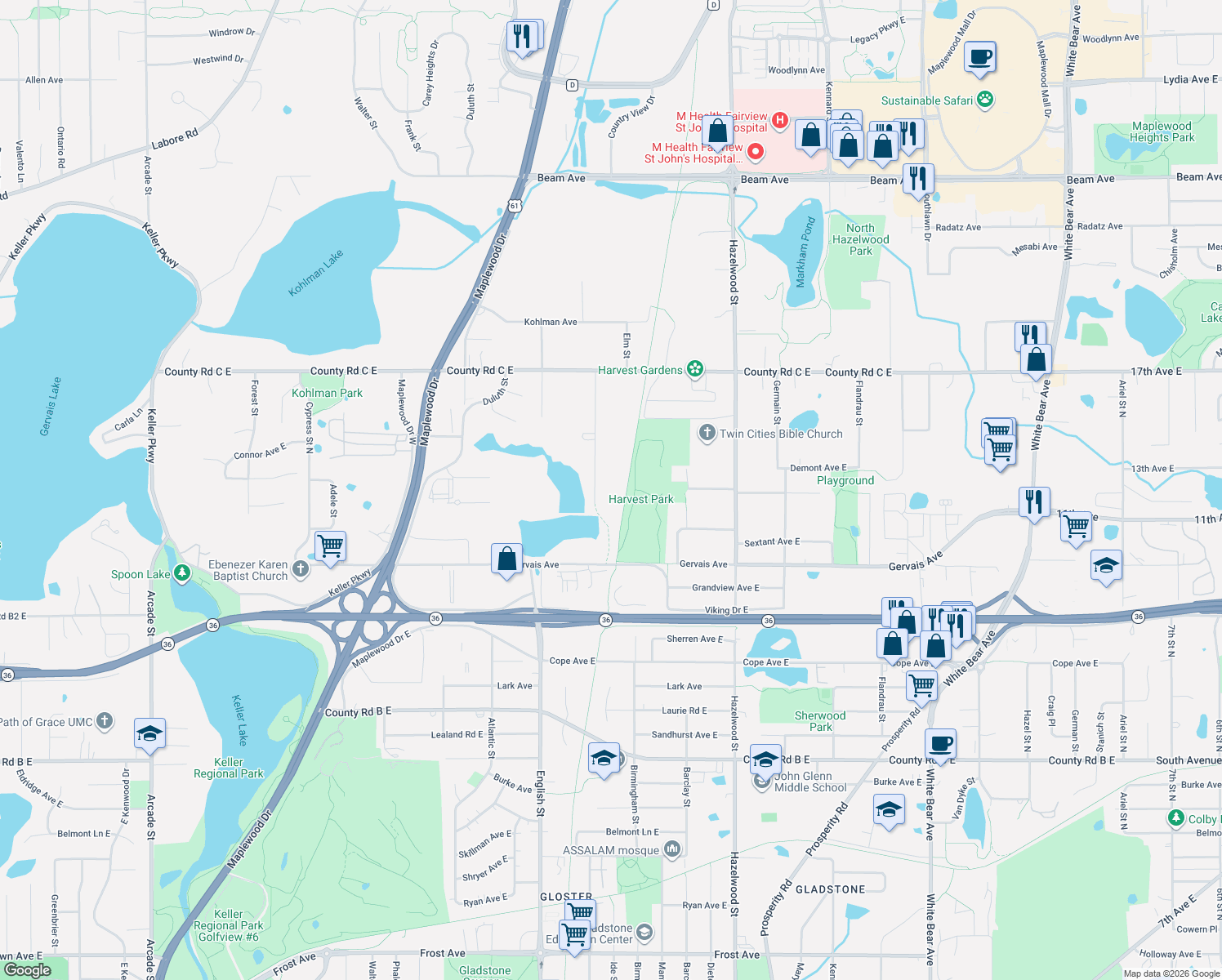 map of restaurants, bars, coffee shops, grocery stores, and more near 2494 Clarence Street in Saint Paul