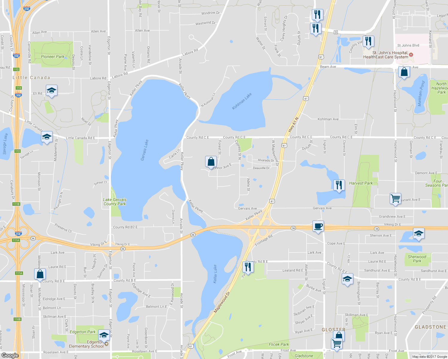 map of restaurants, bars, coffee shops, grocery stores, and more near 956 Demont Avenue East in Maplewood