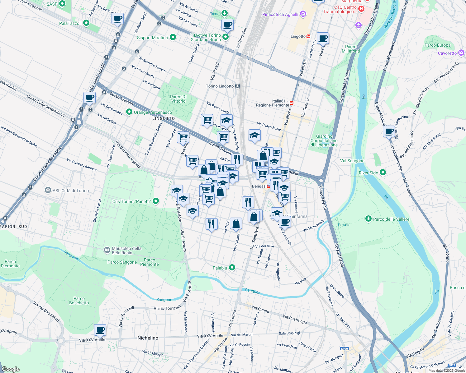 map of restaurants, bars, coffee shops, grocery stores, and more near 12 Via Torrazza Piemonte in Turin
