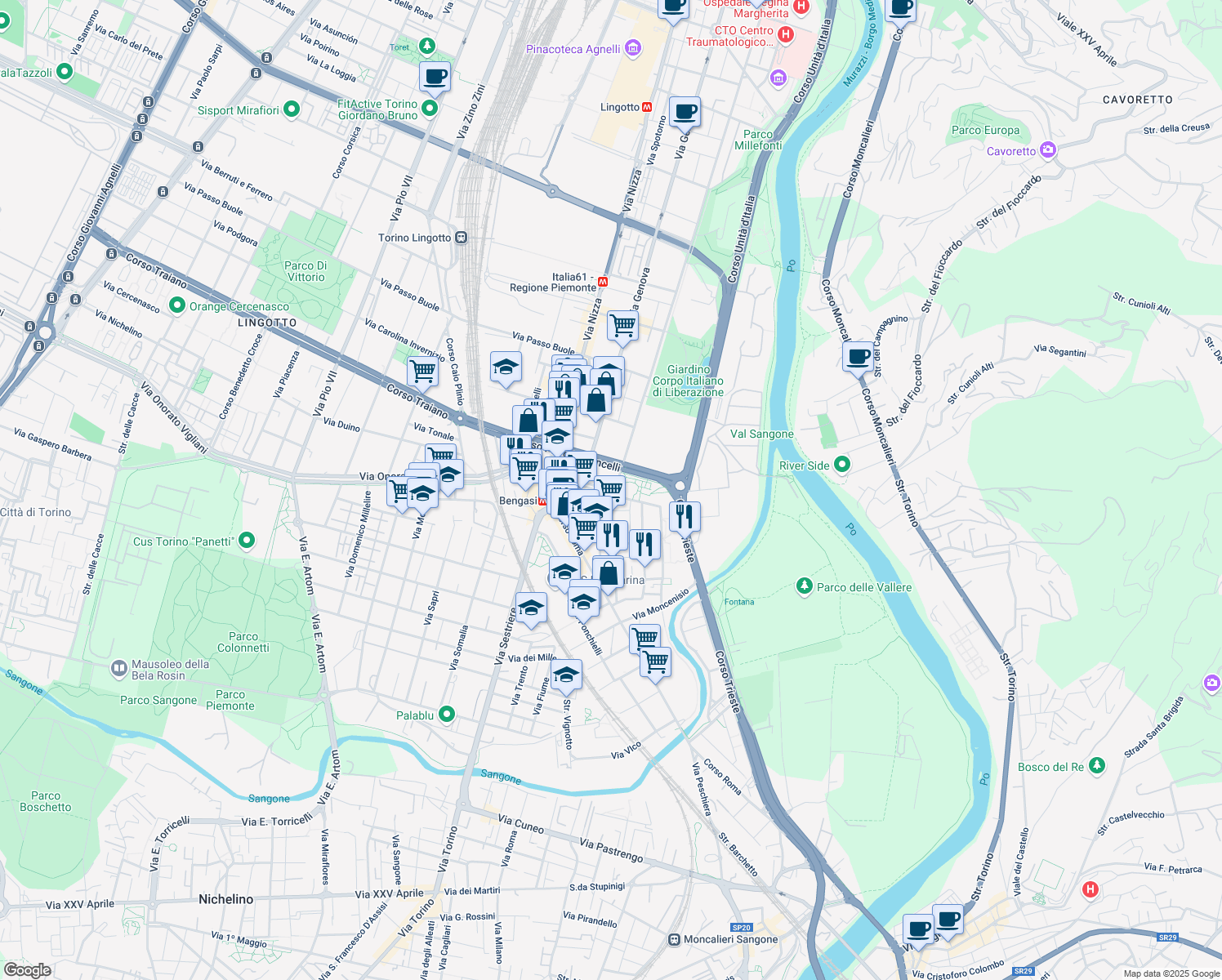map of restaurants, bars, coffee shops, grocery stores, and more near 42 Via Giacomo Puccini in Moncalieri