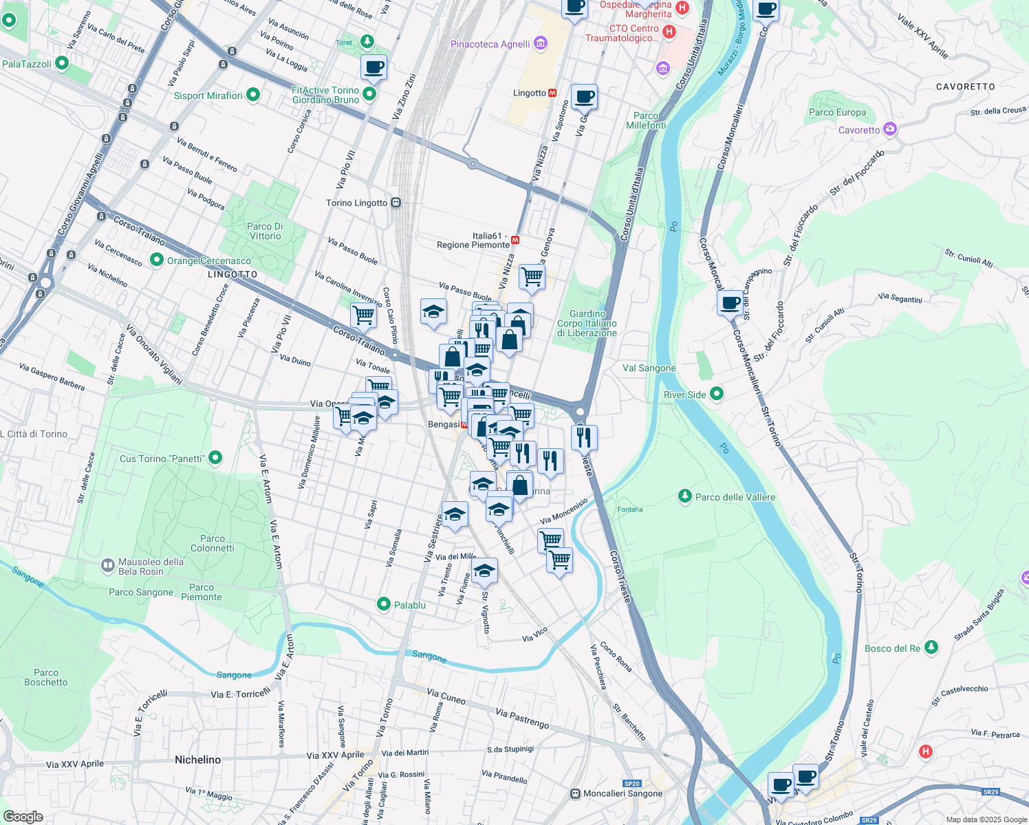 map of restaurants, bars, coffee shops, grocery stores, and more near 42 Via Puccini in Moncalieri