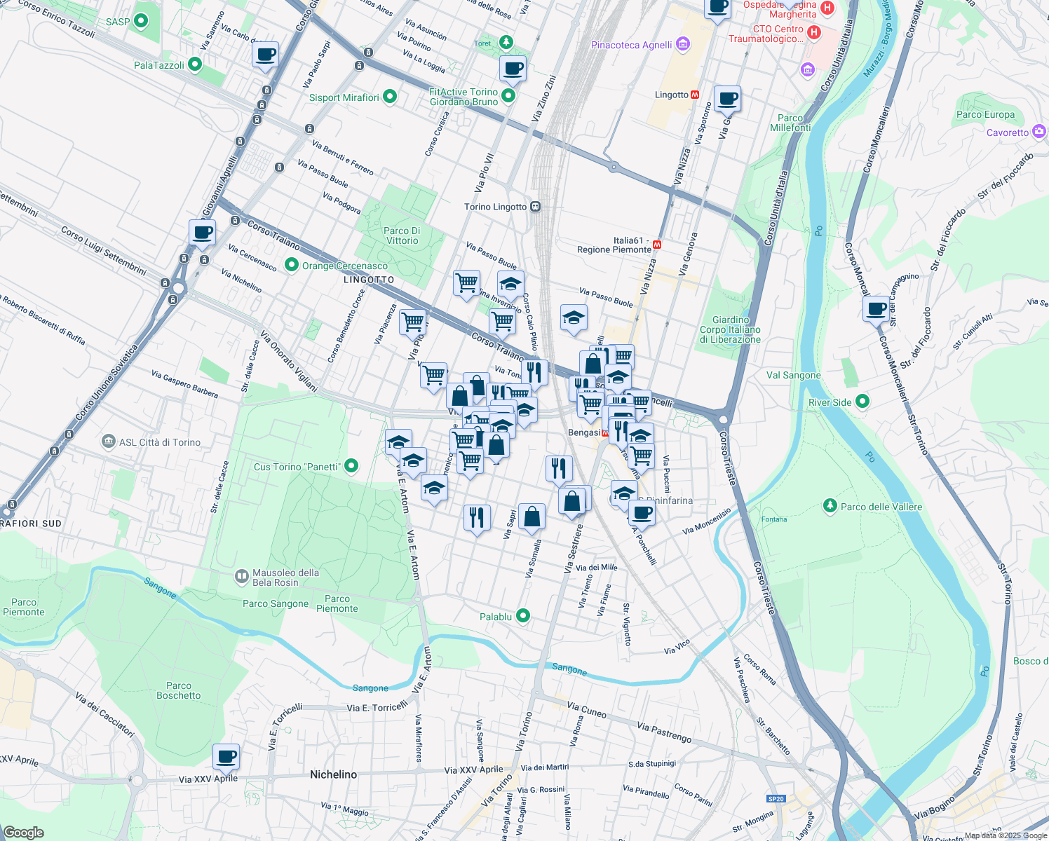 map of restaurants, bars, coffee shops, grocery stores, and more near 12 Via Torrazza Piemonte in Torino