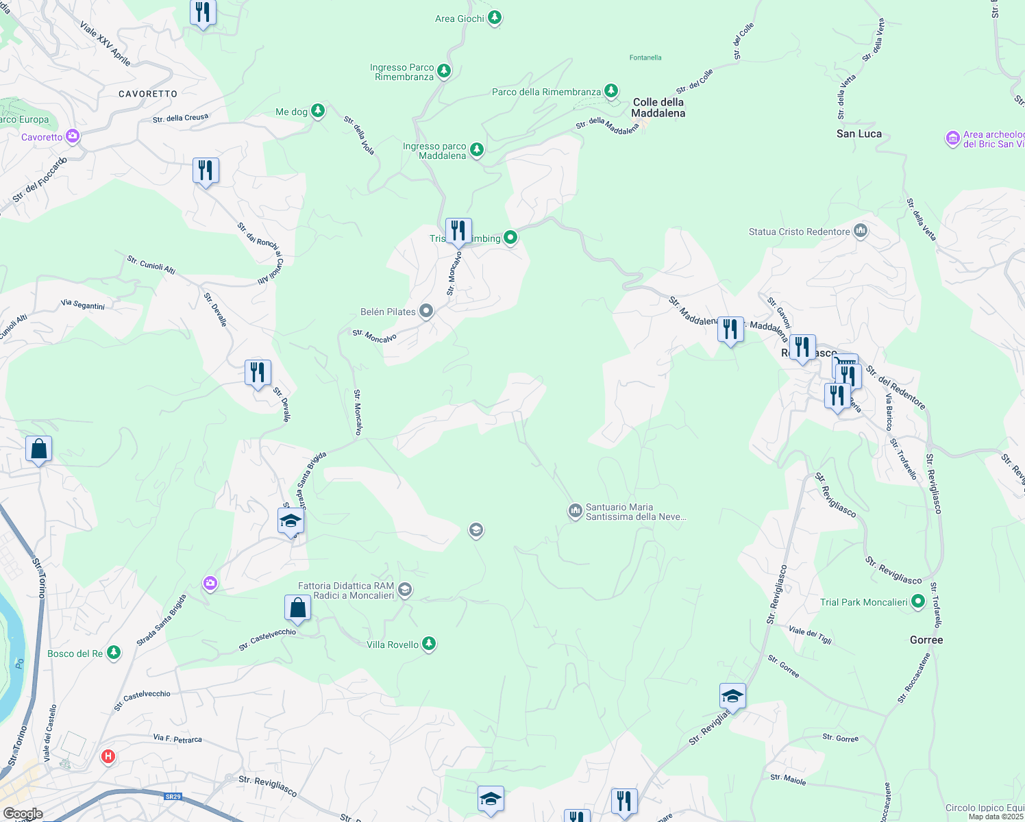 map of restaurants, bars, coffee shops, grocery stores, and more near 9312 Strada San Brigida in Moncalieri