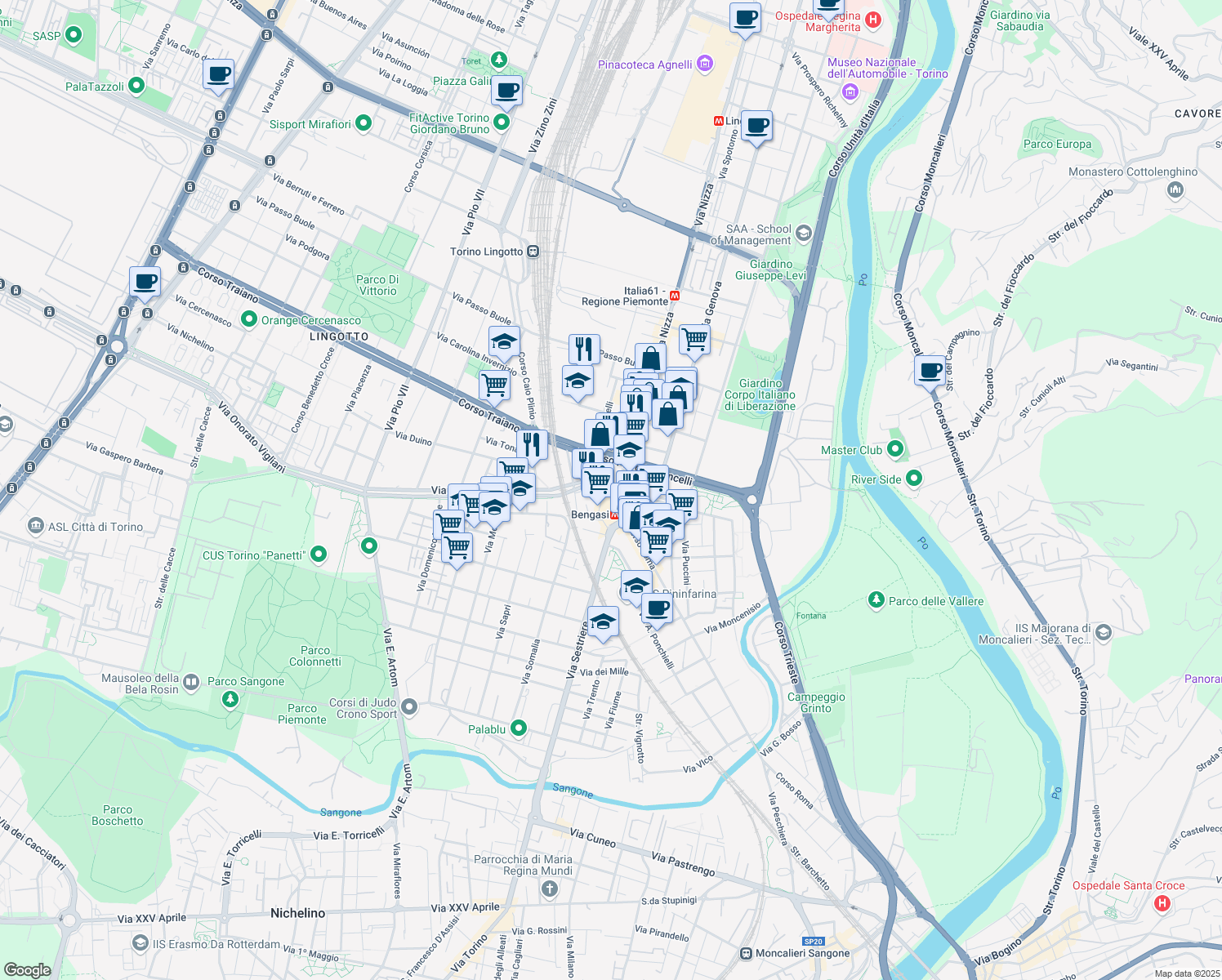map of restaurants, bars, coffee shops, grocery stores, and more near 223 Via Onorato Vigliani in Torino