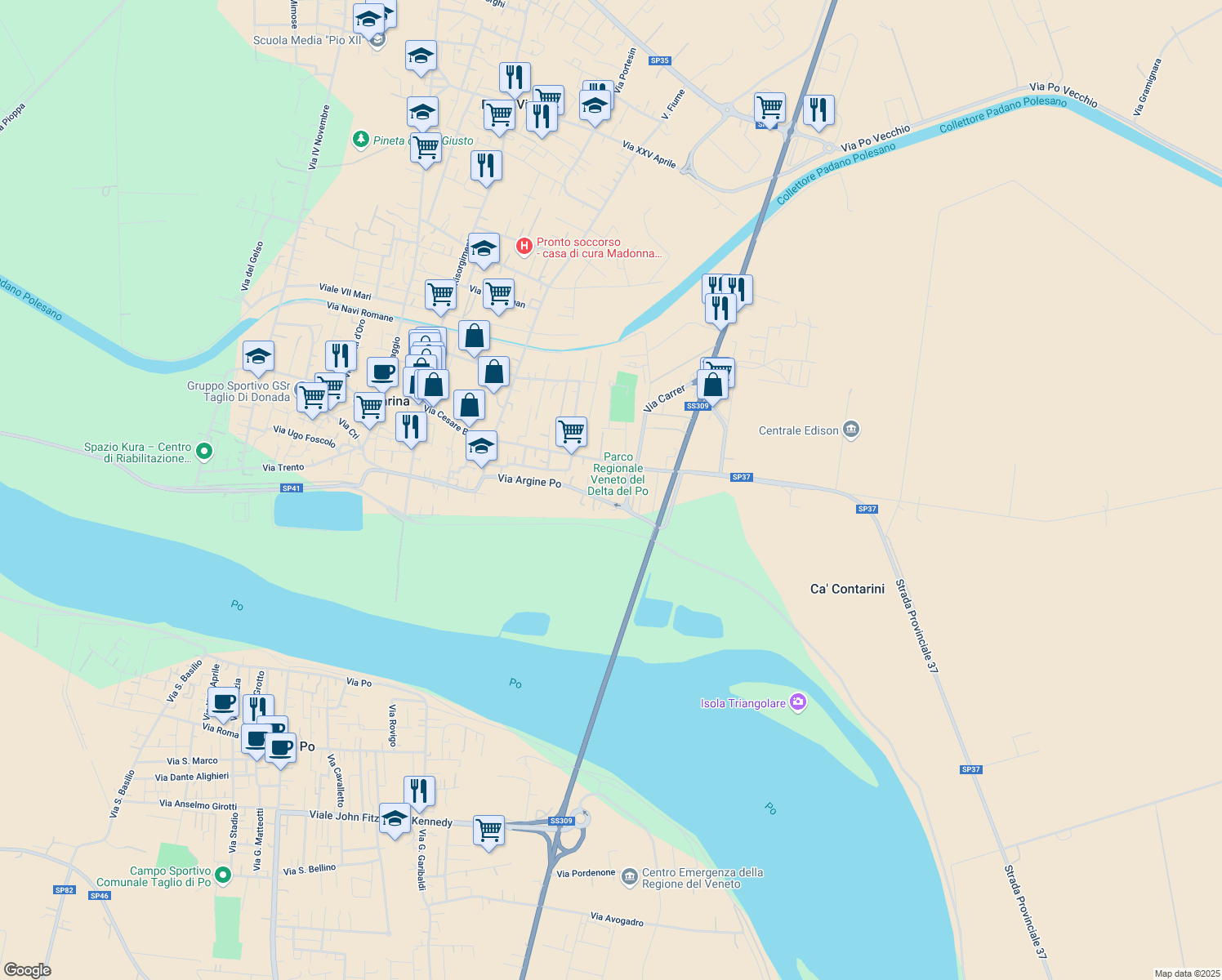 map of restaurants, bars, coffee shops, grocery stores, and more near 109C Via Argine Po in Porto Viro