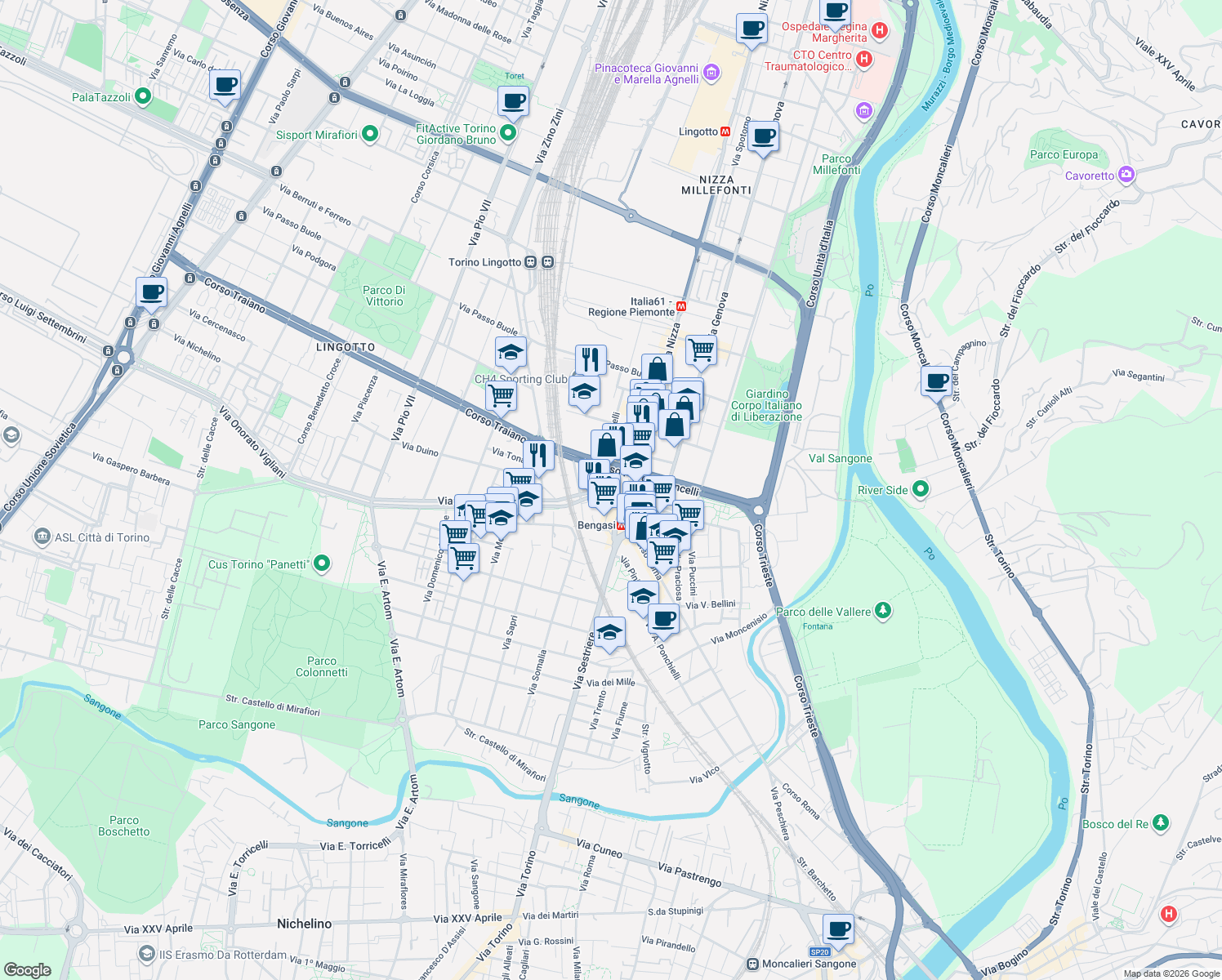 map of restaurants, bars, coffee shops, grocery stores, and more near 213-223 Via Onorato Vigliani in Torino