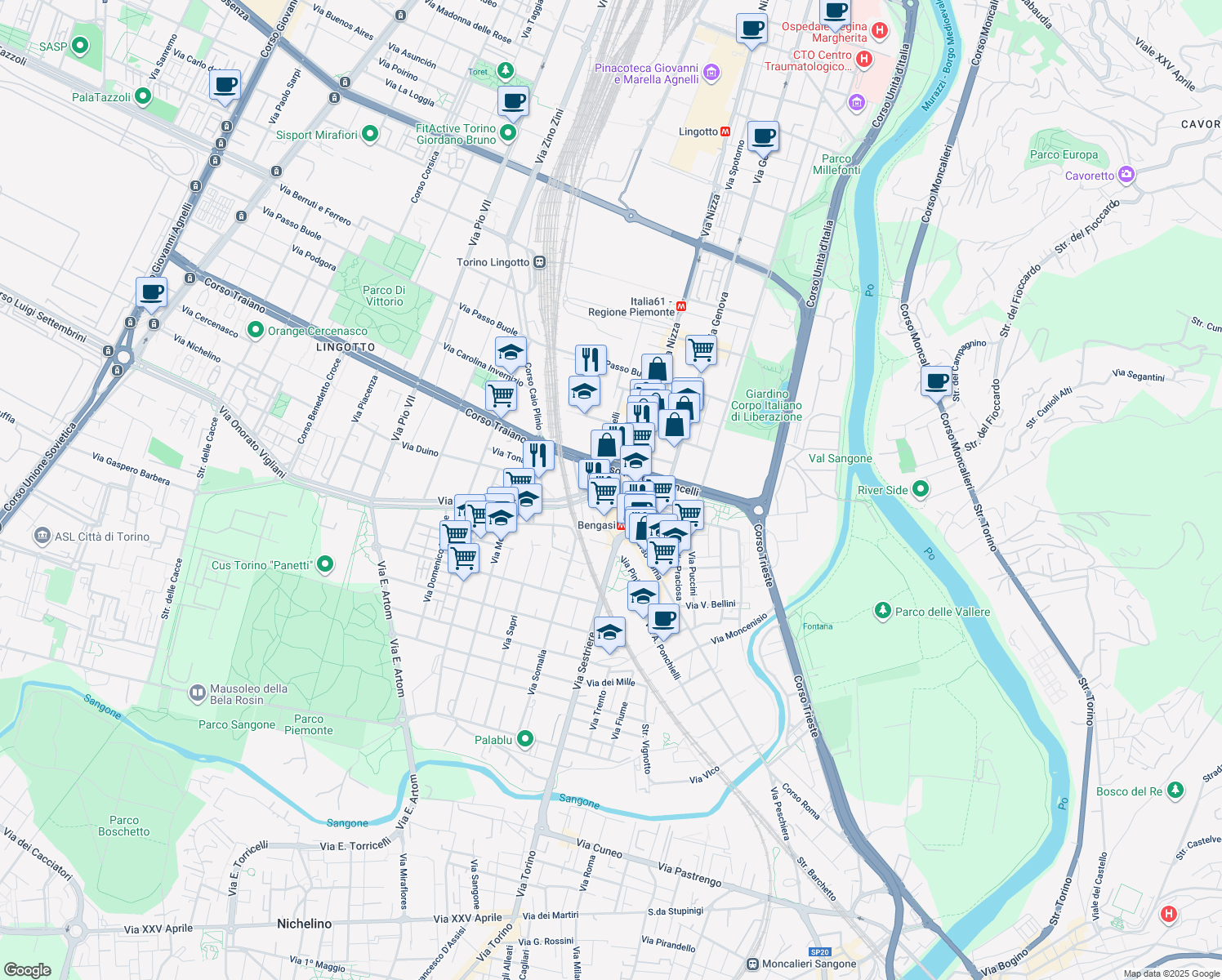 map of restaurants, bars, coffee shops, grocery stores, and more near 213-223 Via Onorato Vigliani in Torino