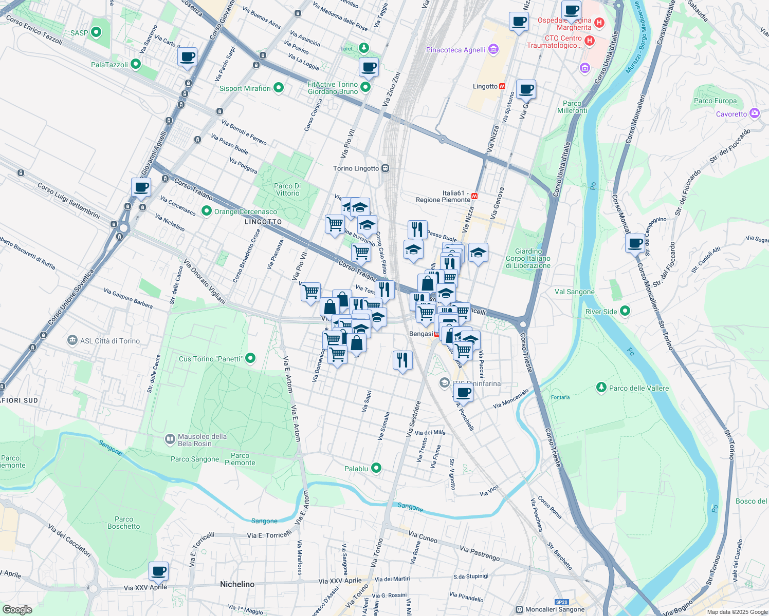map of restaurants, bars, coffee shops, grocery stores, and more near 201 Via Onorato Vigliani in Torino