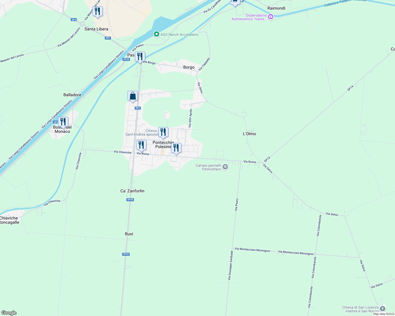 map of restaurants, bars, coffee shops, grocery stores, and more near 793 Via Roma in Pontecchio Polesine
