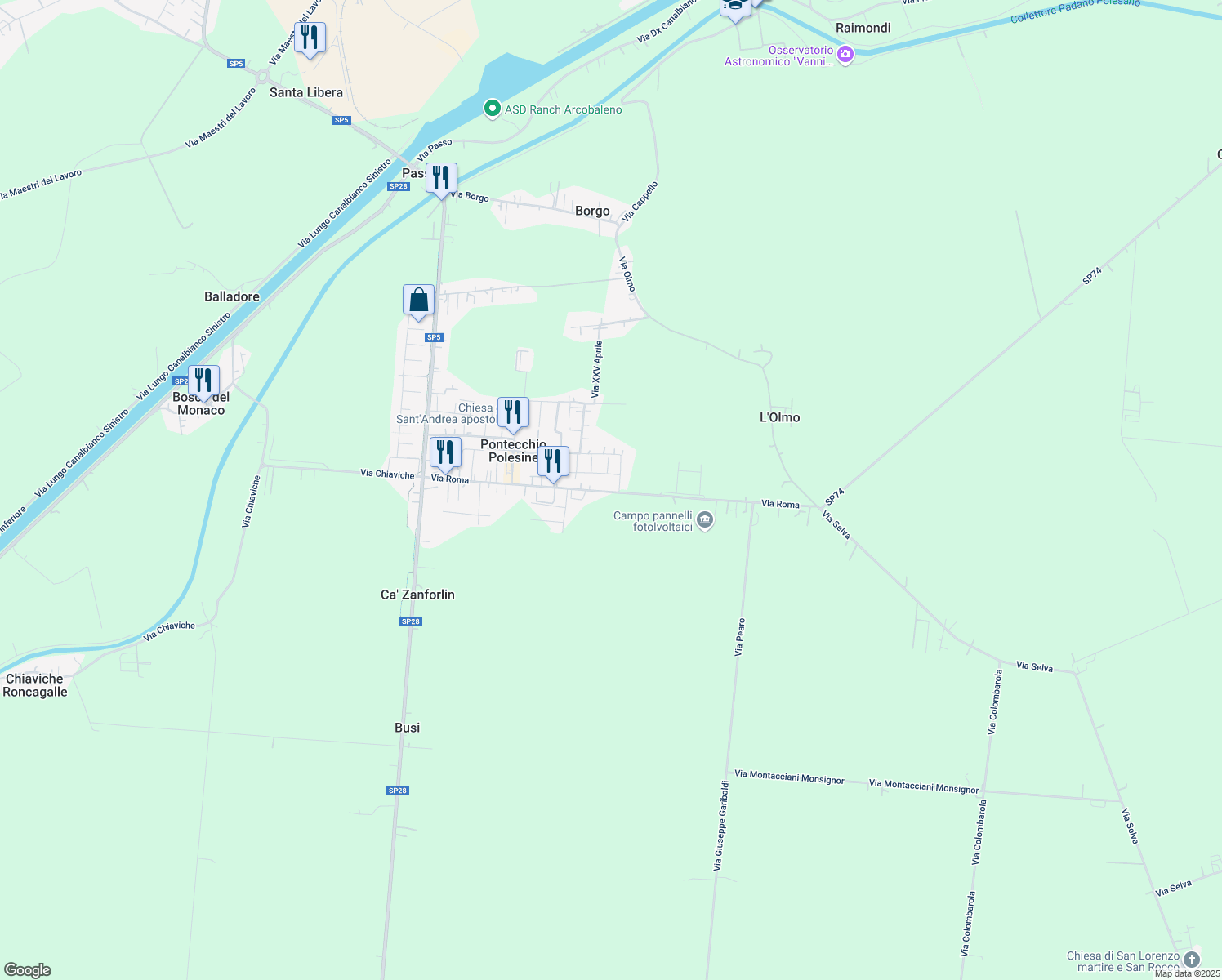 map of restaurants, bars, coffee shops, grocery stores, and more near 793 Via Roma in Pontecchio Polesine