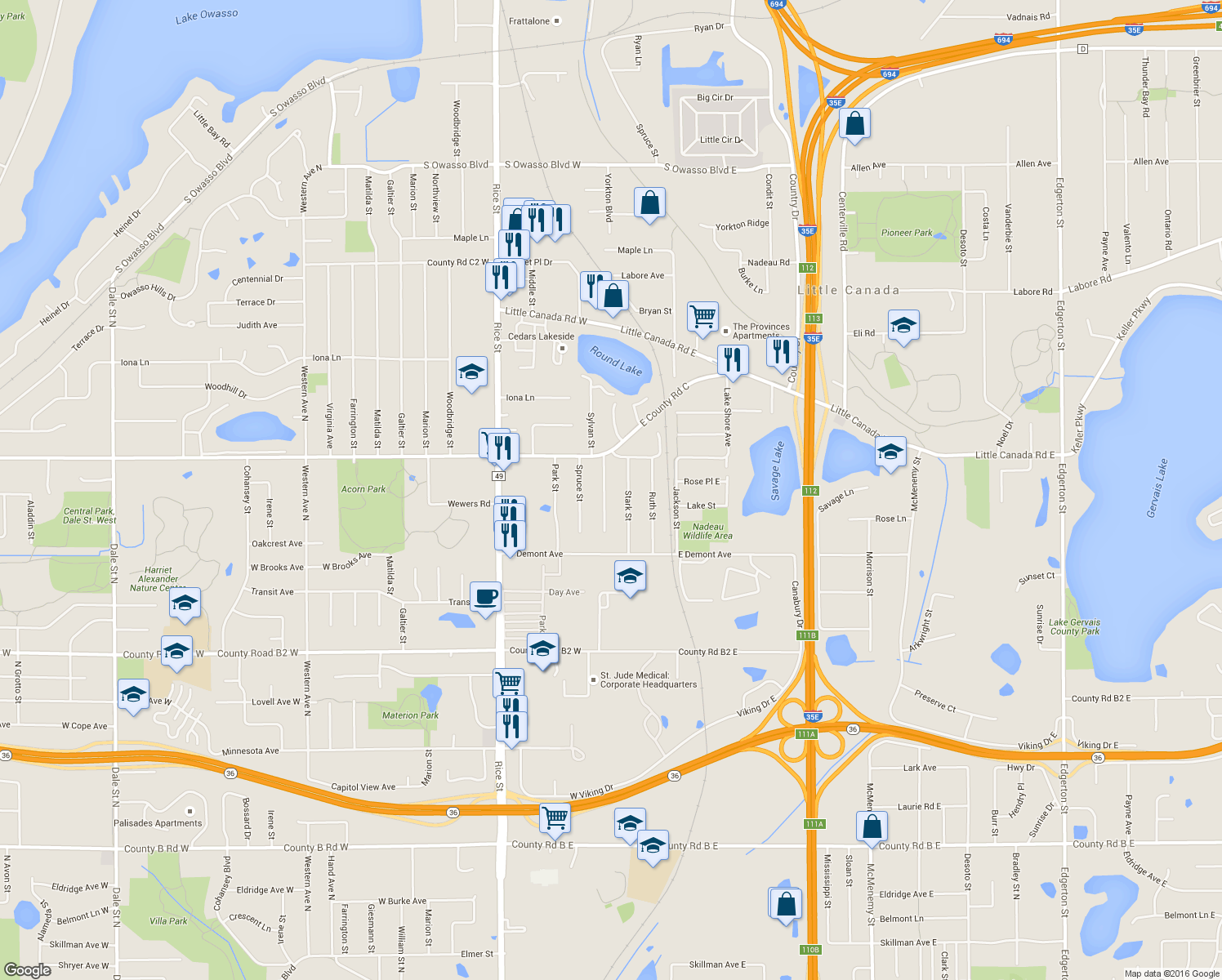 map of restaurants, bars, coffee shops, grocery stores, and more near 2590 Sylvan Street in Little Canada