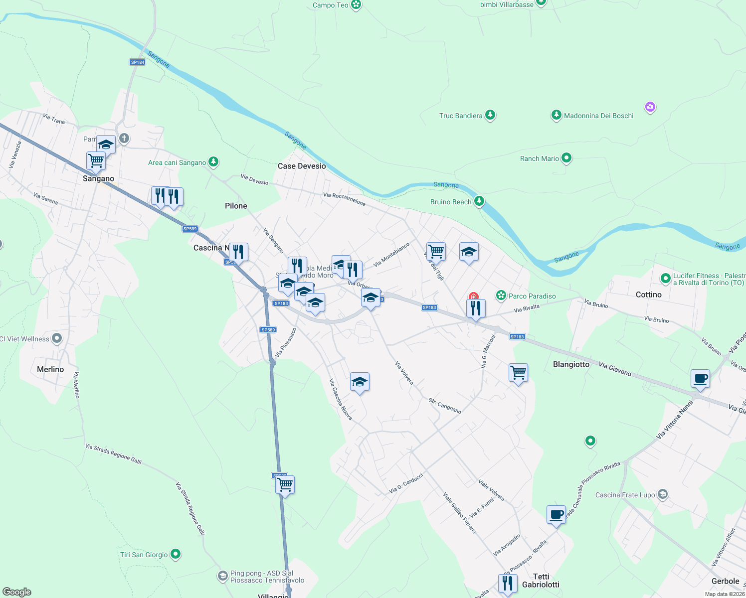 map of restaurants, bars, coffee shops, grocery stores, and more near 68C Via Torino in Bruino