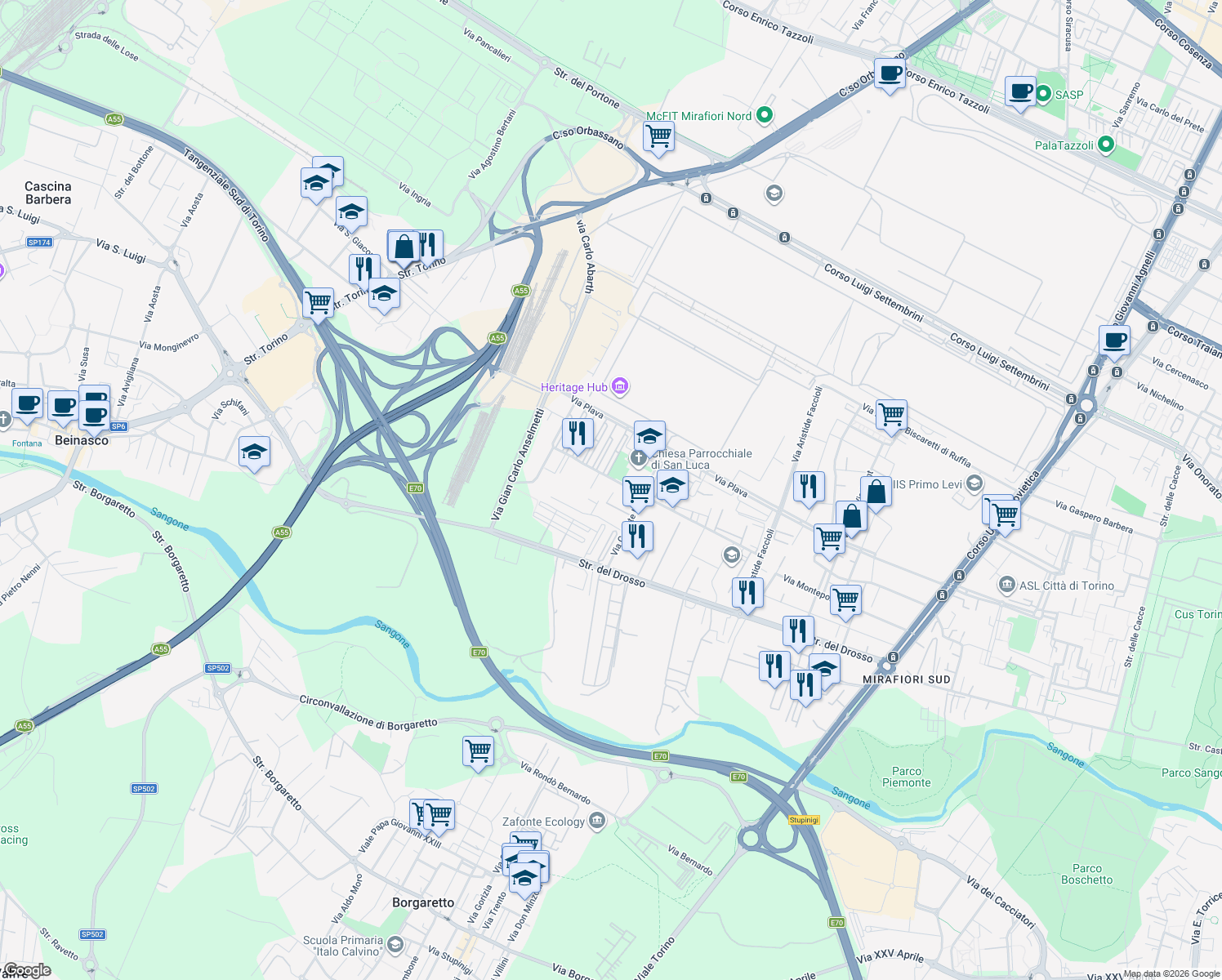 map of restaurants, bars, coffee shops, grocery stores, and more near 9 Via Giovanni Roveda in Torino