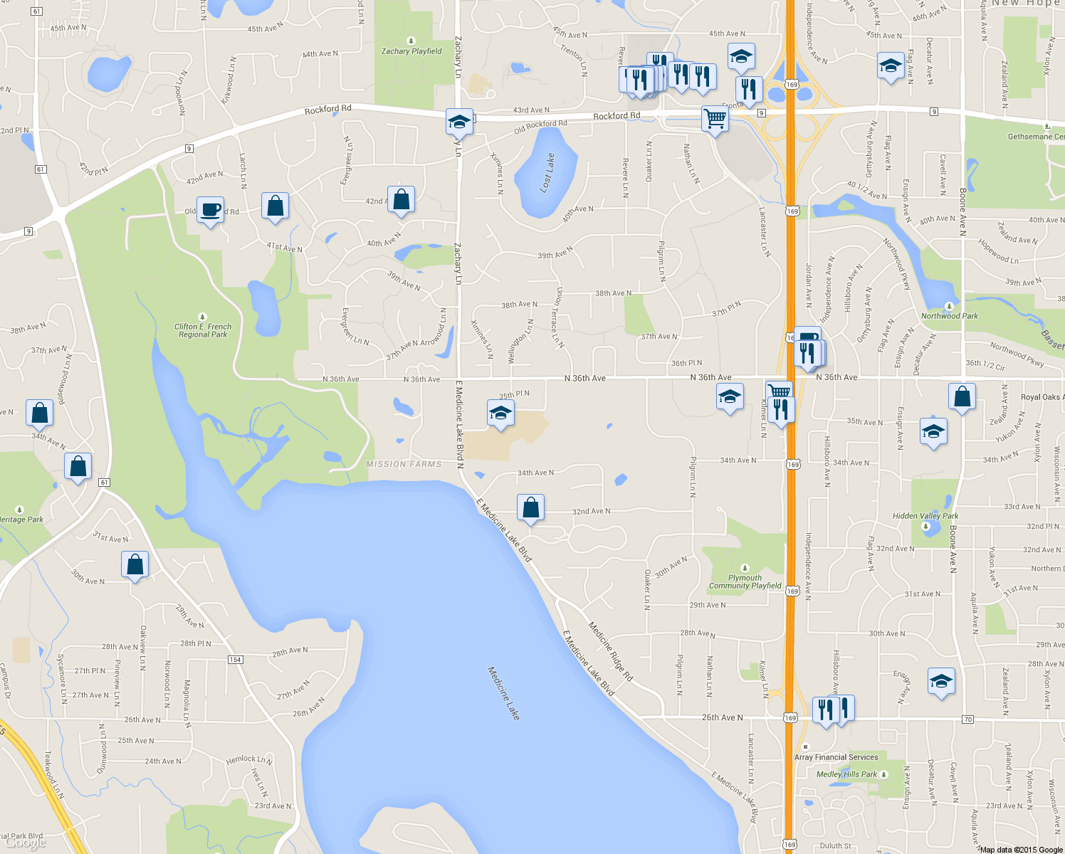 map of restaurants, bars, coffee shops, grocery stores, and more near 10635 North 36th Avenue in Plymouth