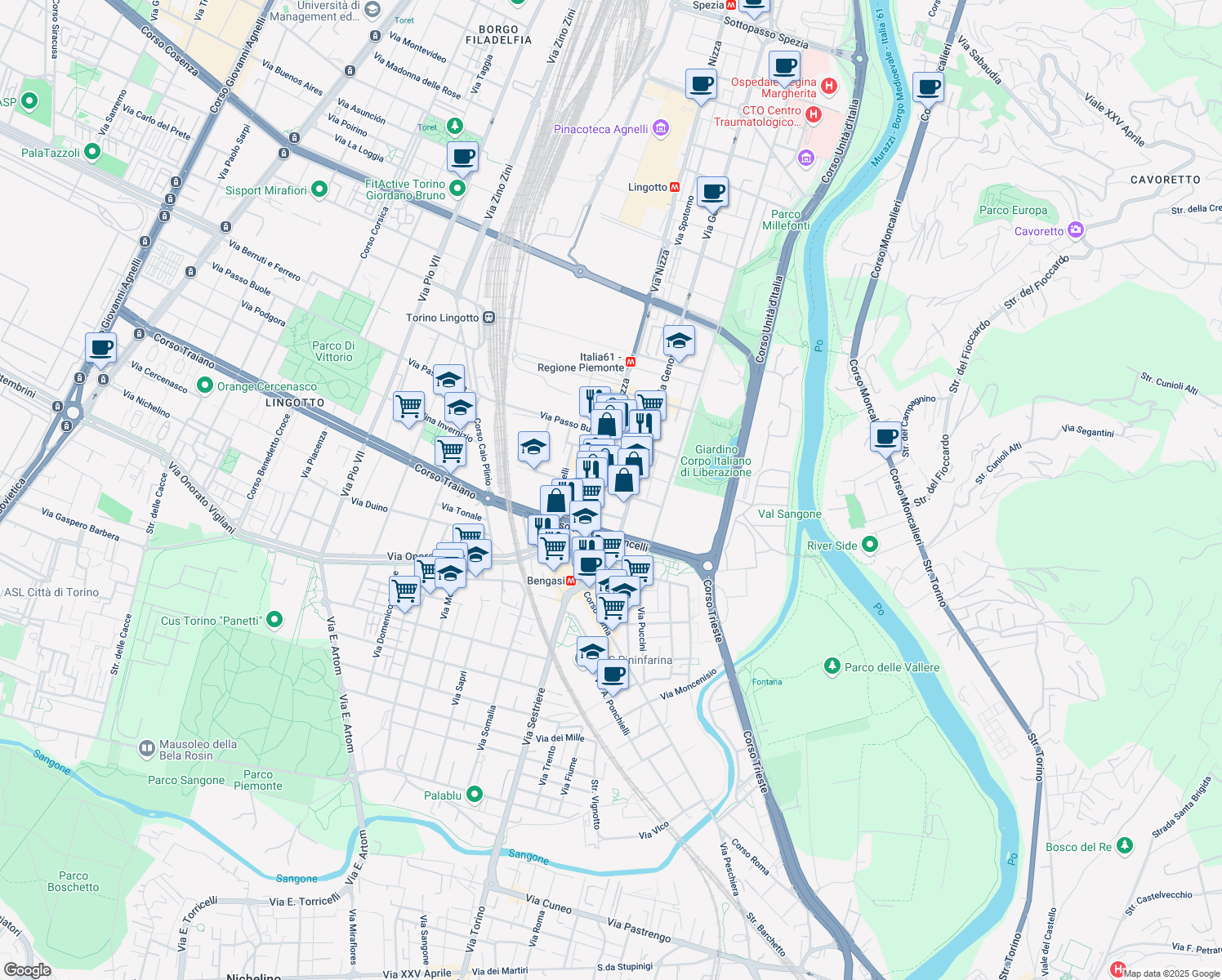 map of restaurants, bars, coffee shops, grocery stores, and more near 14 Via Testona in Torino