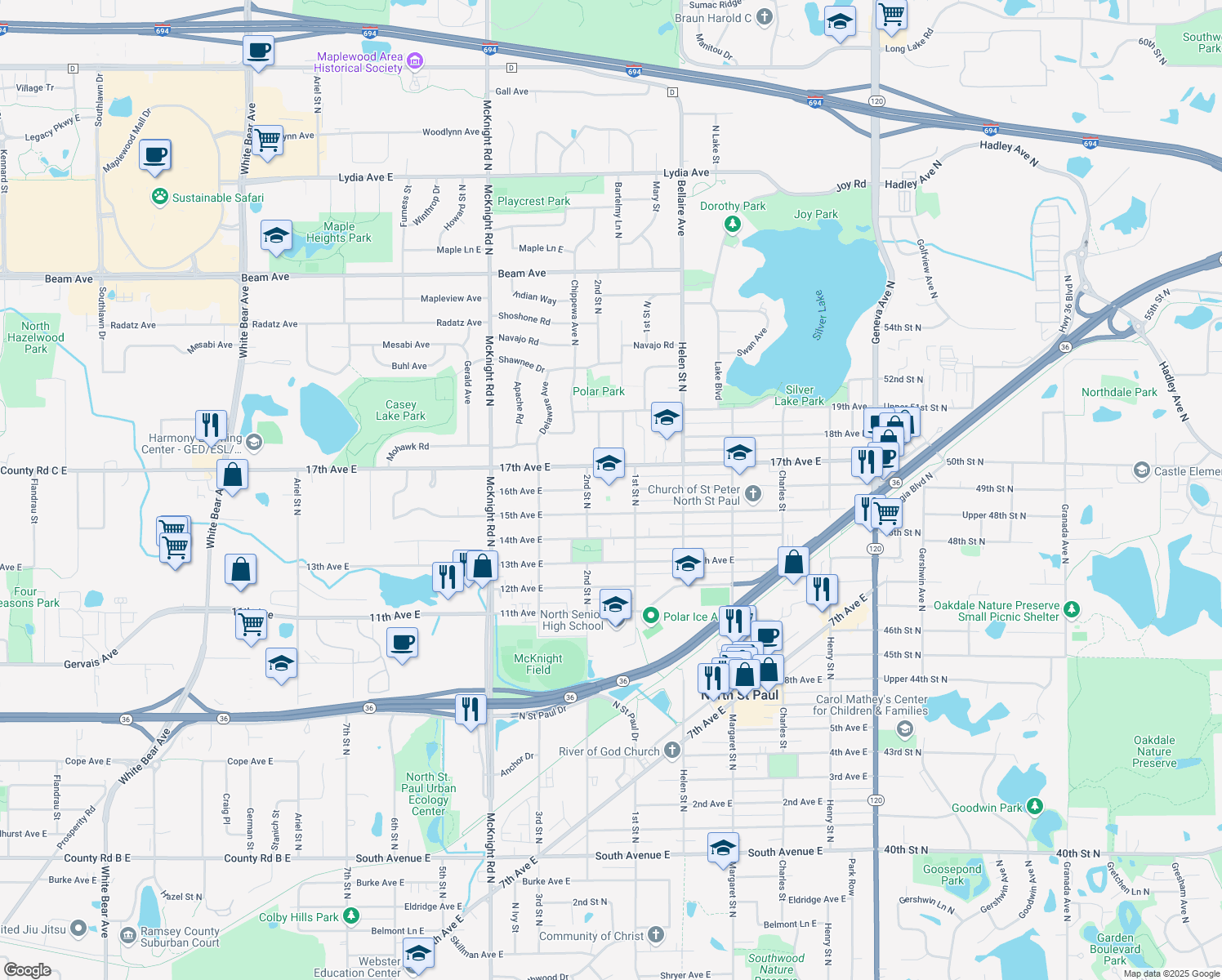 map of restaurants, bars, coffee shops, grocery stores, and more near 2615 1st Street North in North Saint Paul