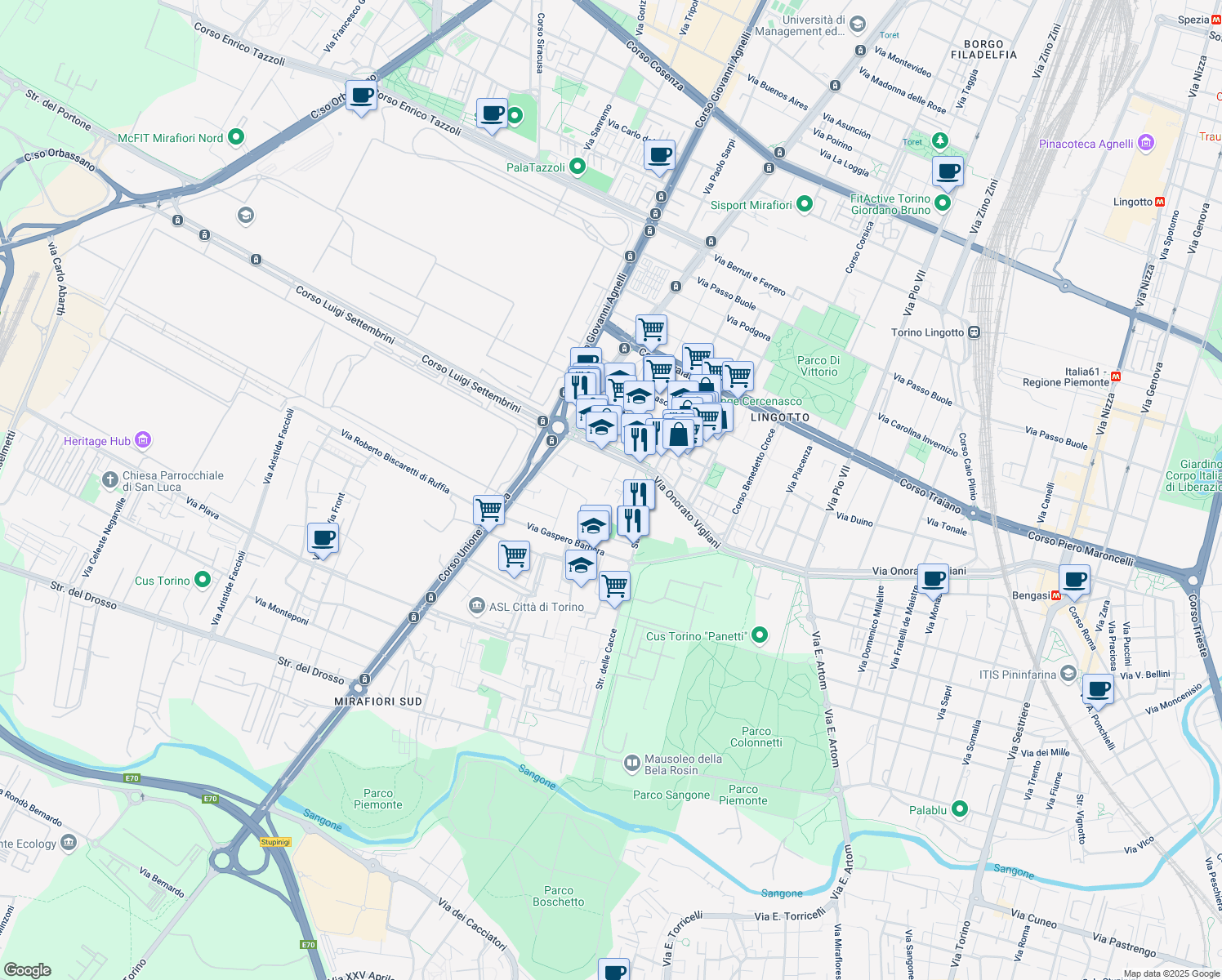 map of restaurants, bars, coffee shops, grocery stores, and more near 28 Via Onorato Vigliani in Turin
