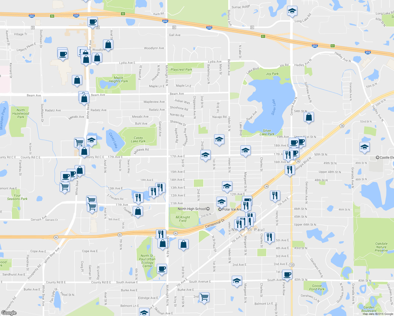 map of restaurants, bars, coffee shops, grocery stores, and more near 2633 2nd Street North in North St. Paul