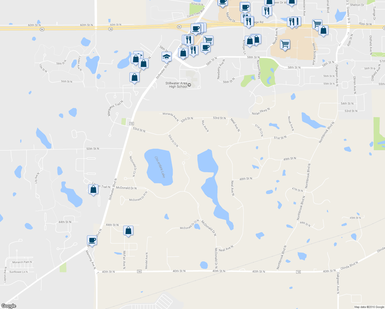 map of restaurants, bars, coffee shops, grocery stores, and more near 12625 53rd Street Court North in Stillwater