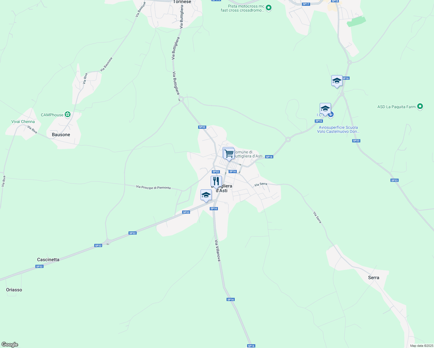map of restaurants, bars, coffee shops, grocery stores, and more near 23 SP32 in Buttigliera d'Asti