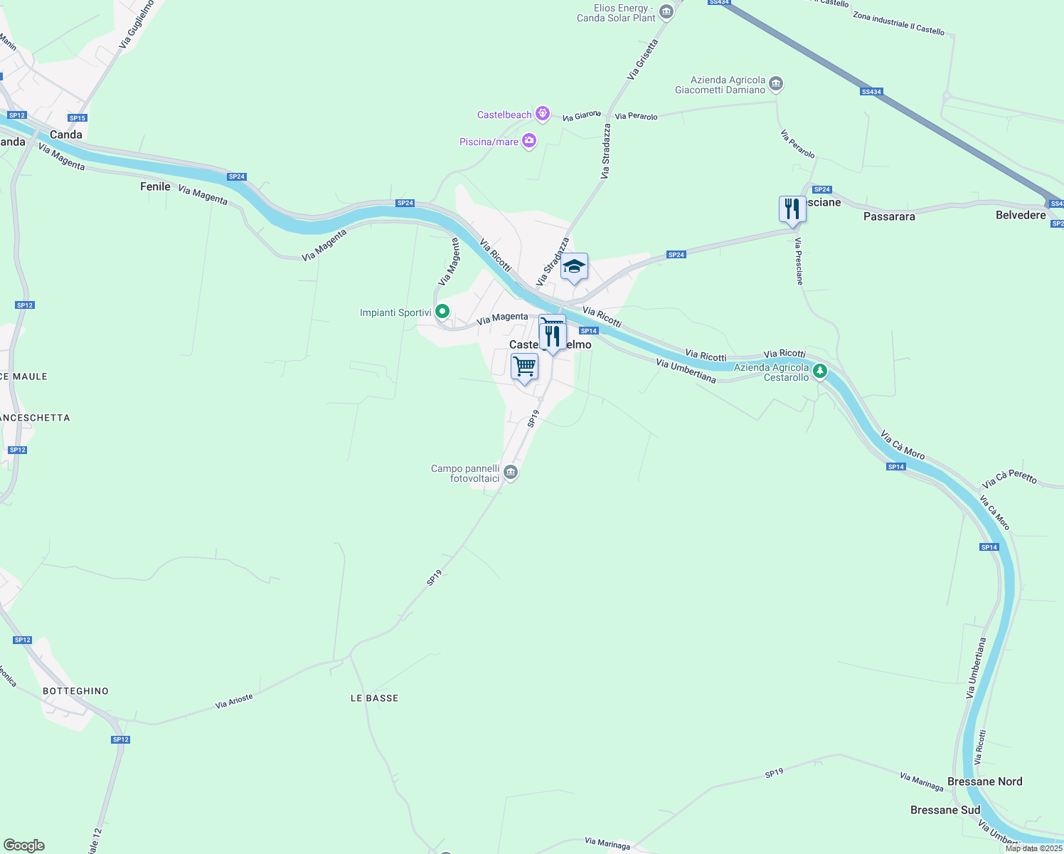 map of restaurants, bars, coffee shops, grocery stores, and more near 343 Via Roma in Castelguglielmo