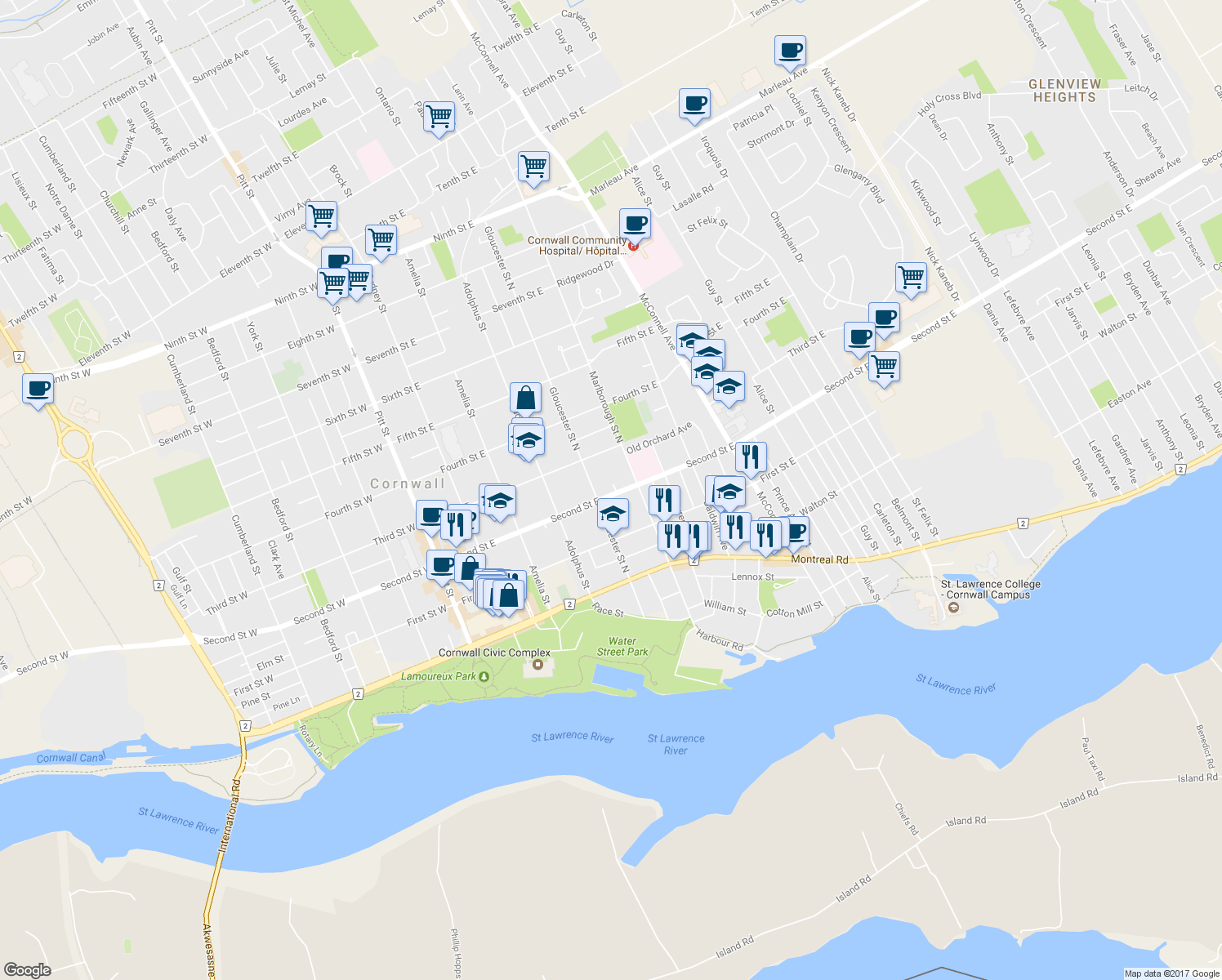 map of restaurants, bars, coffee shops, grocery stores, and more near 417 Second Street East in Cornwall