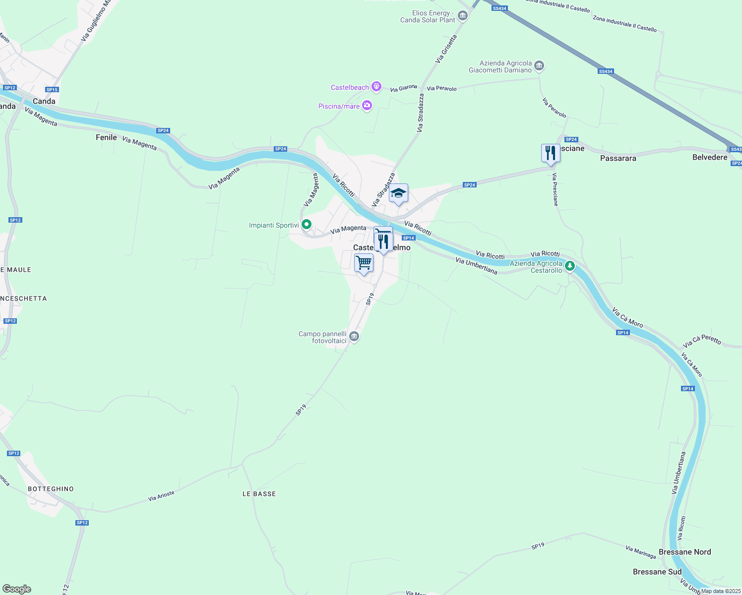 map of restaurants, bars, coffee shops, grocery stores, and more near 343 Via Roma in Castelguglielmo