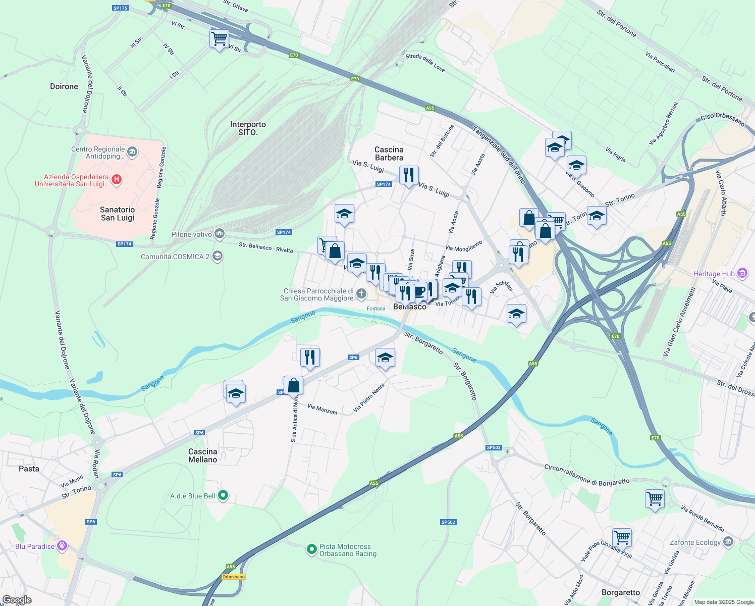 map of restaurants, bars, coffee shops, grocery stores, and more near 4 Piazza Vittorio Alfieri in Beinasco