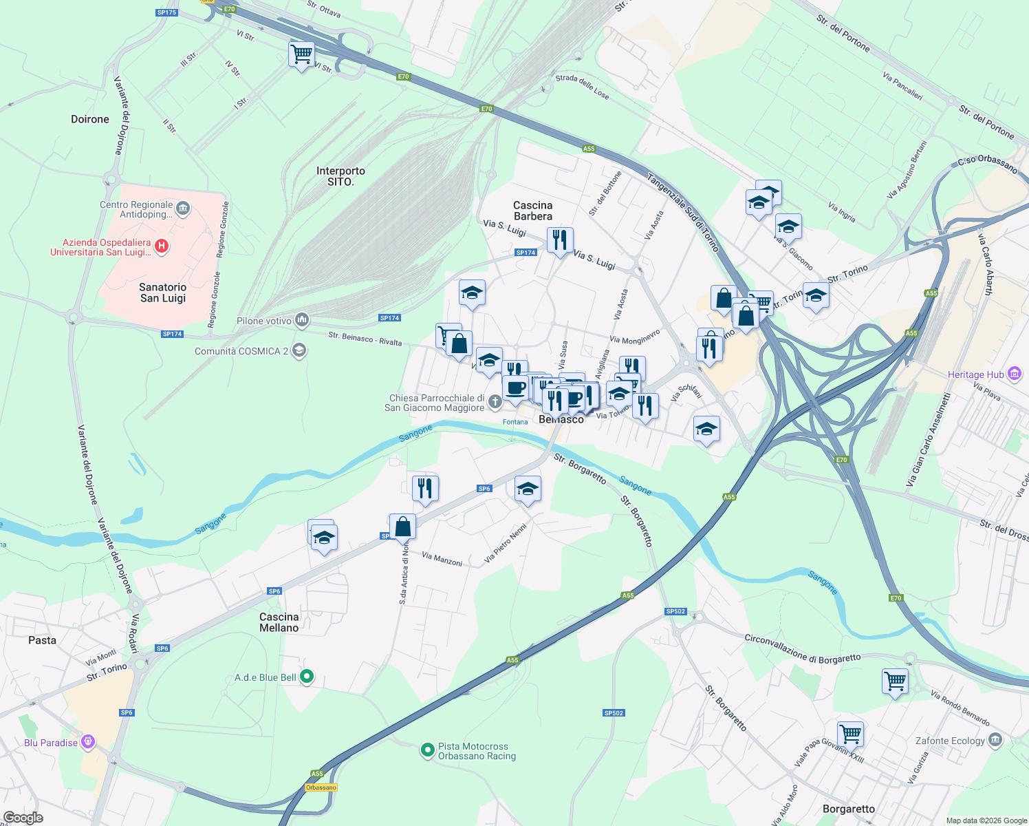 map of restaurants, bars, coffee shops, grocery stores, and more near 4 Piazza Vittorio Alfieri in Beinasco