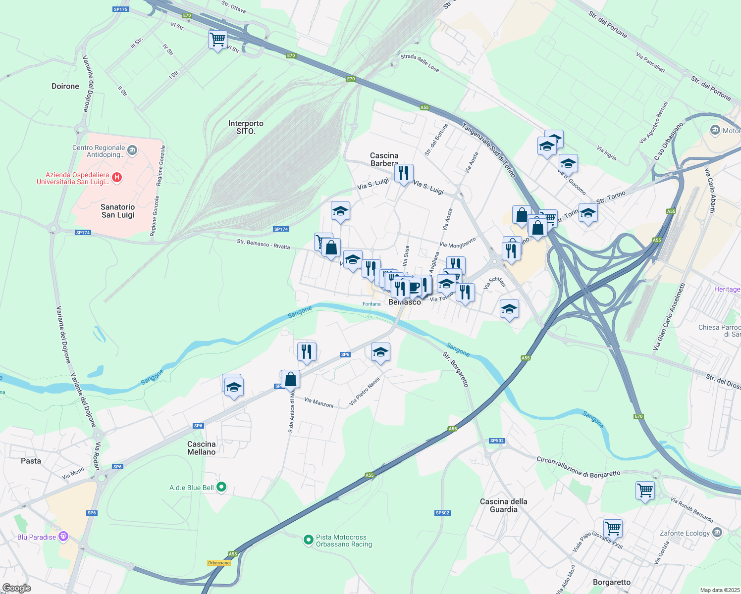 map of restaurants, bars, coffee shops, grocery stores, and more near 4 Piazza Vittorio Alfieri in Beinasco
