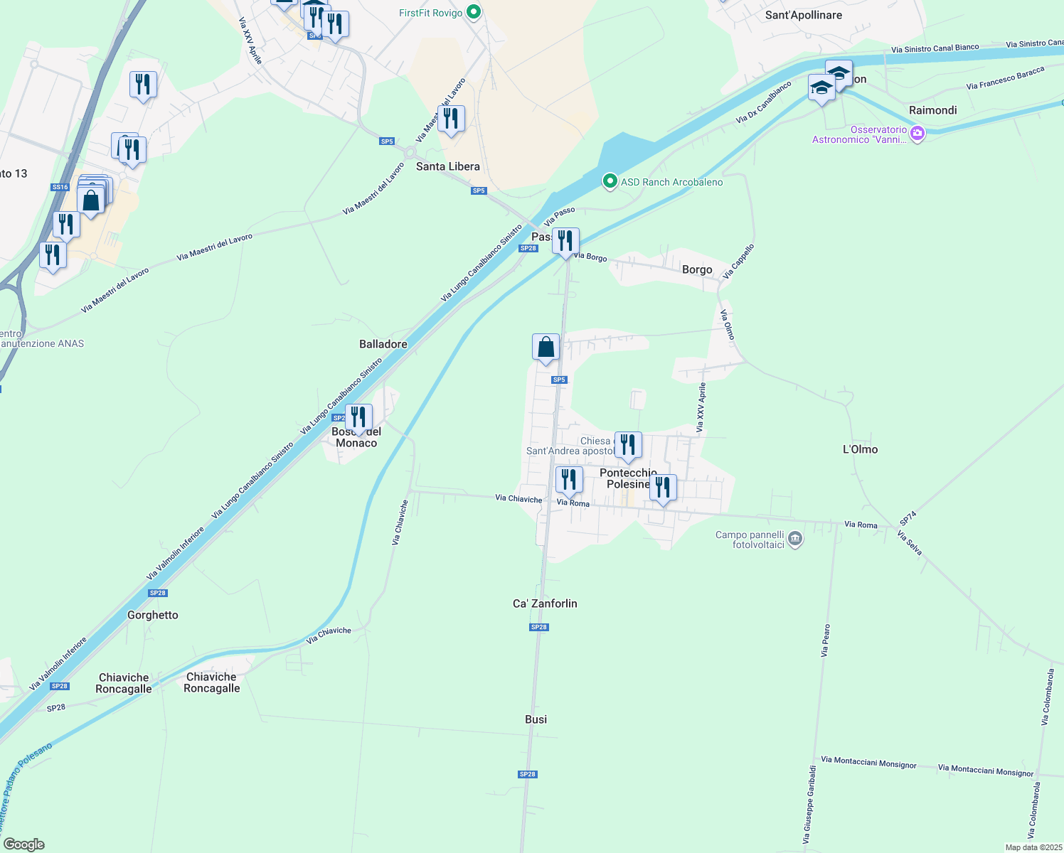 map of restaurants, bars, coffee shops, grocery stores, and more near 1623 Via G. Falcone in Provincia di Rovigo